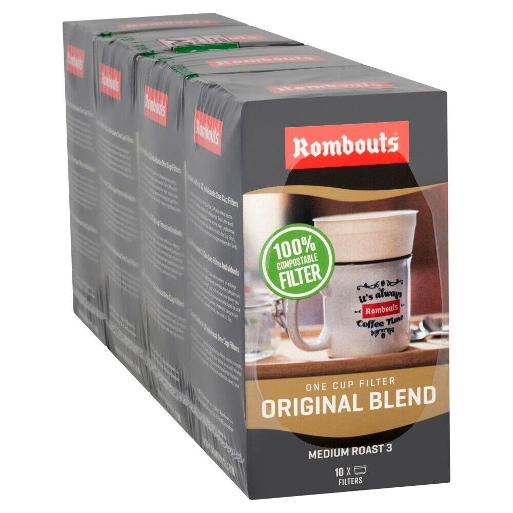 Rombouts Original Roast Ground Coffee Filters - 10 Cup Size (6x10) | Single Serve Coffee Pods for Keurig & Drip Machines | Perfect for Home, Office & Travel