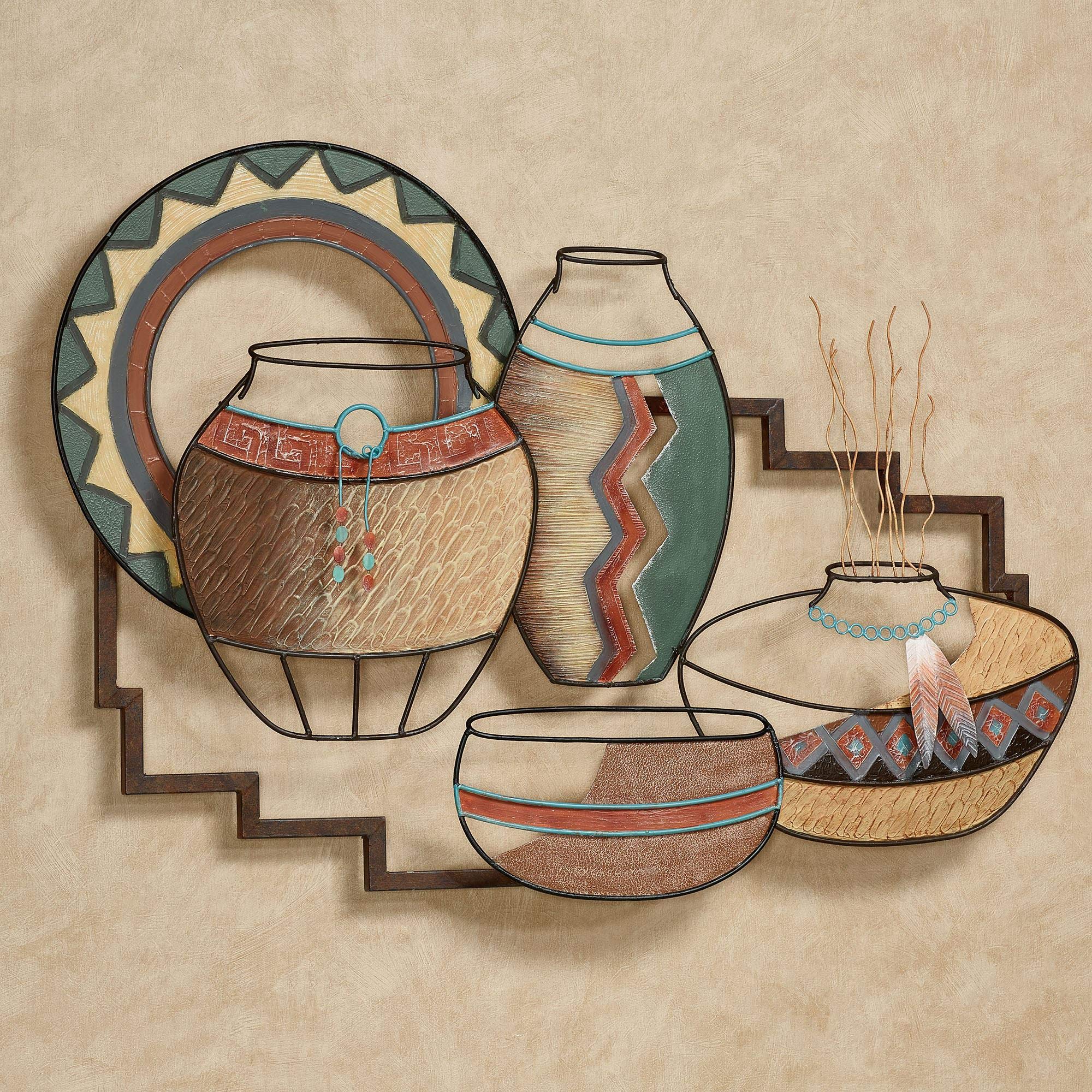Southwestern Style Metal Wall Sculpture - Native Artifacts Multi Earth Decor | Handcrafted Vases, Charger & Bowl Set | Perfect for Southwest Aesthetic Home & Office Decor