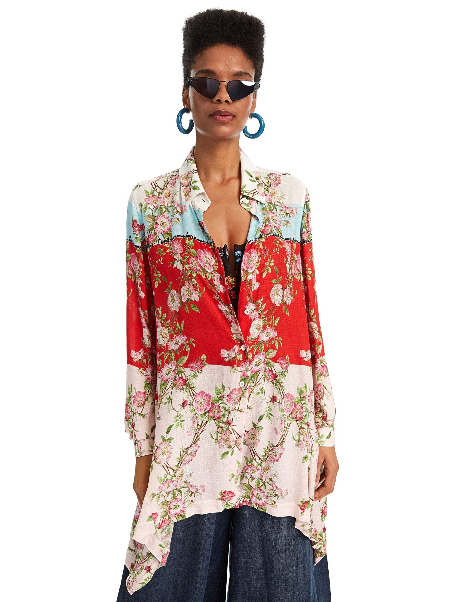 Desigual Asymmetric Long Shirt Glen for Women - Flowy Boho Blouse with Unique Cut (Size S) | Perfect for Beach Cover-ups, Music Festivals & Casual Chic Outfits