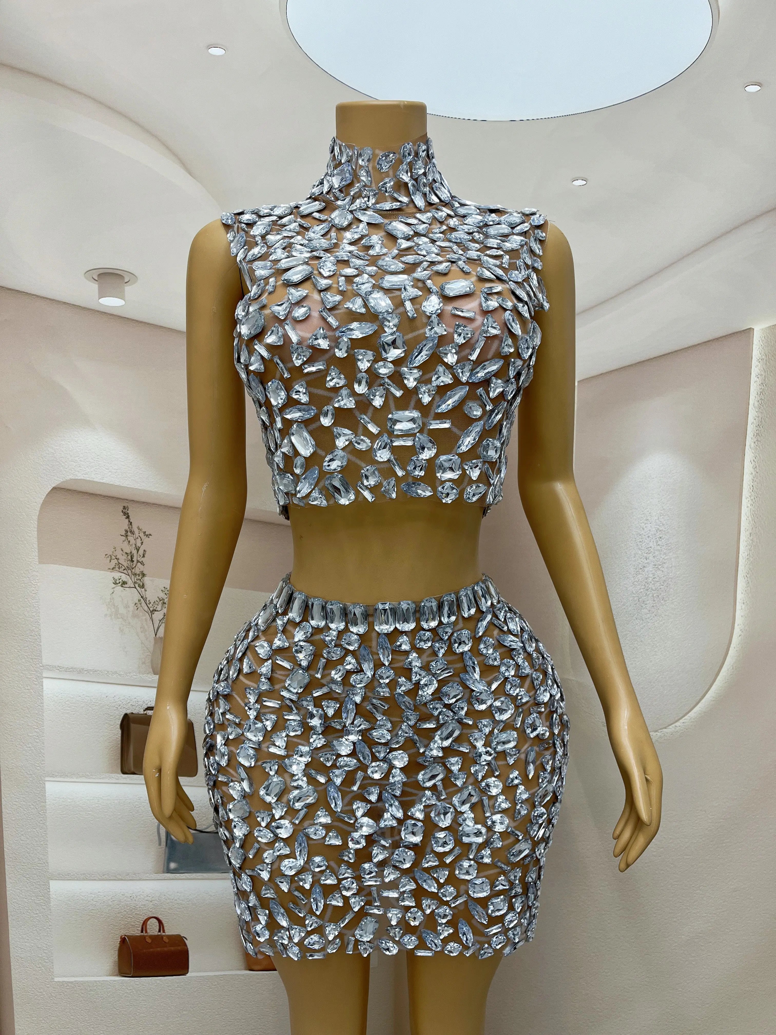 Kim Kardashian Inspired Rhinestone Chain Backless Two-Piece Dress Set for Birthday, Evening Party, Nightclub Outfit & Celebrations - Elegant & Sexy Clubwear for Women