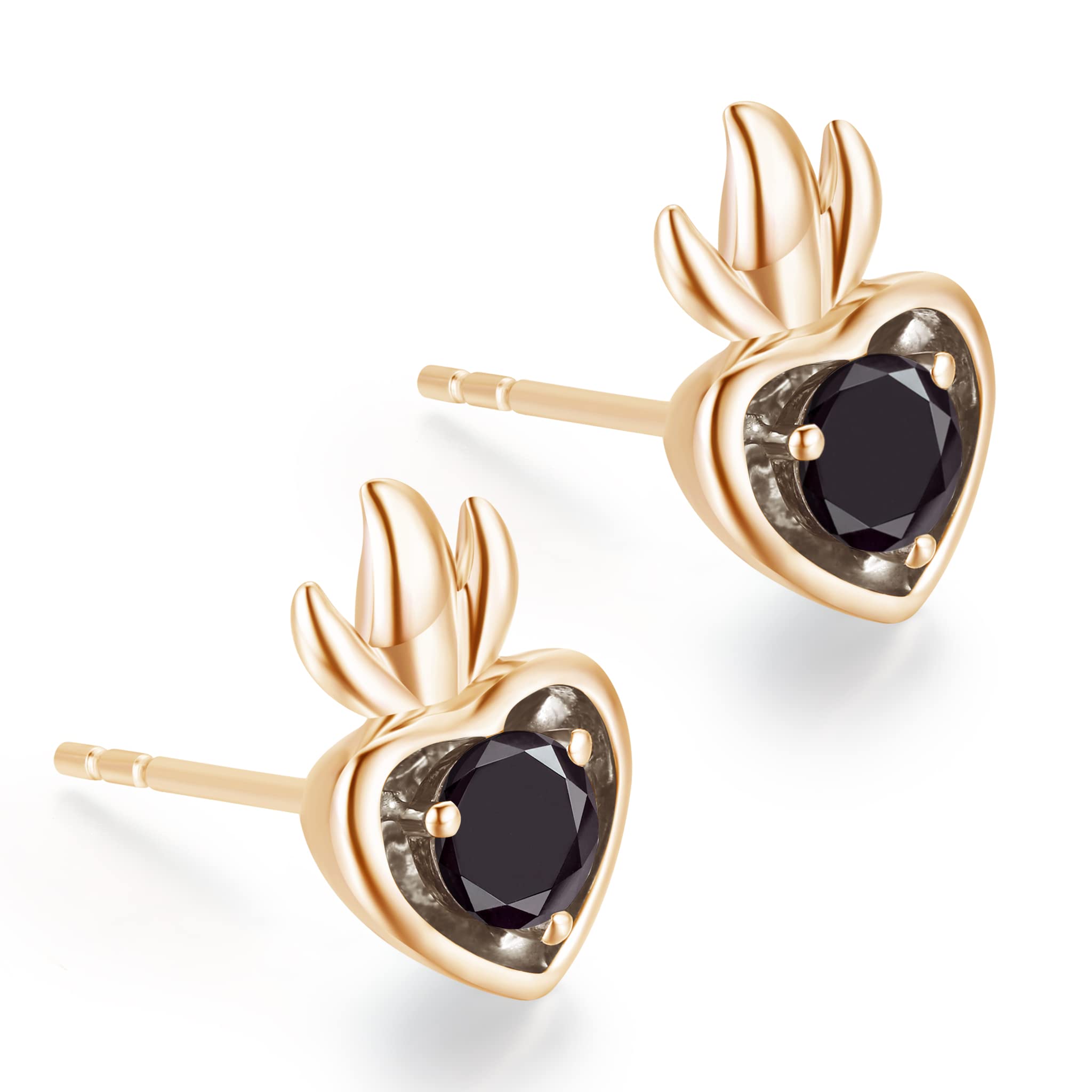 Black Diamond Heart Stud Earrings - Dainty Gold Stackable Small Earrings - Black Tourmaline April Birthstone Alternative - Multiple Piercing Jewelry for Everyday Wear & Special Occasions