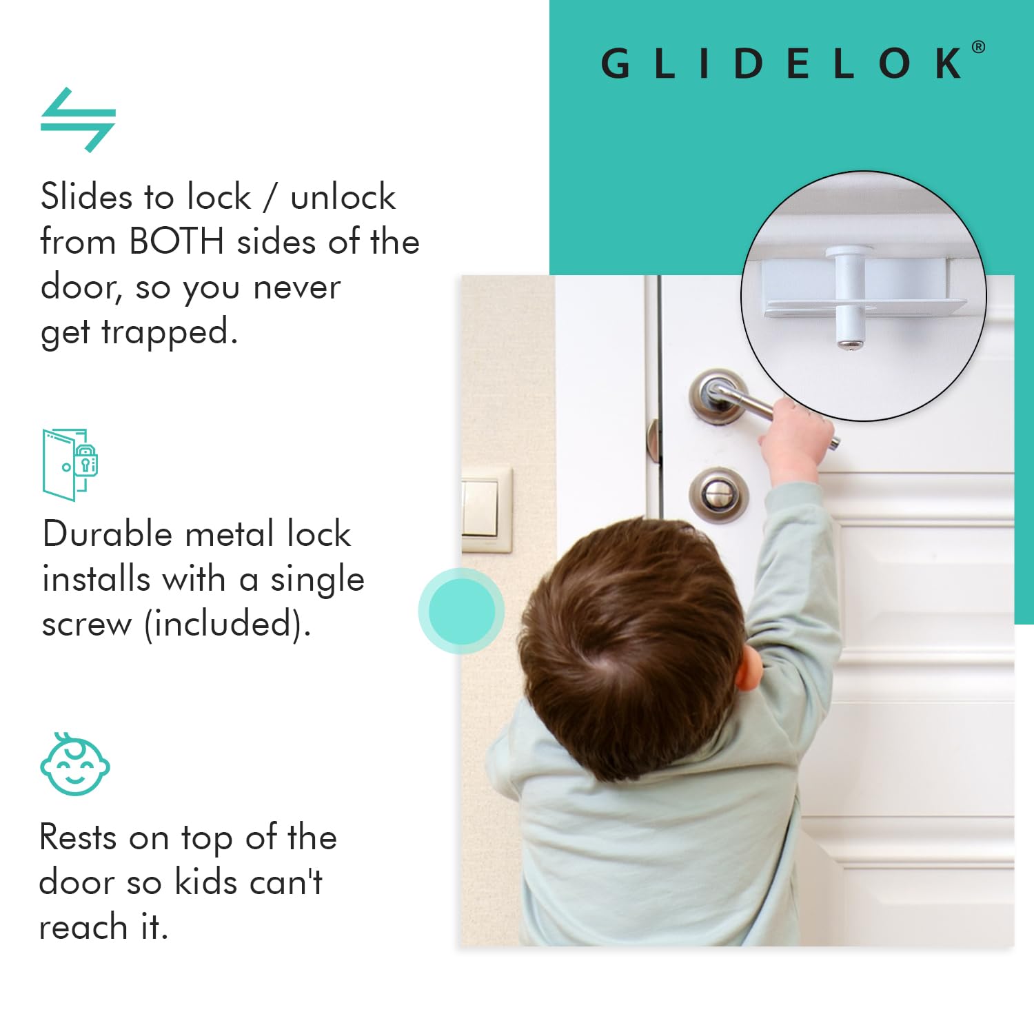 4 Pack GlideLok Child Safety Door Top Lock - Dual-Sided Access for Interior & Exterior Doors - Durable Metal Child Proof Lock (Not Plastic) - Perfect for Baby Proofing Homes, Nurseries & Pet Safety