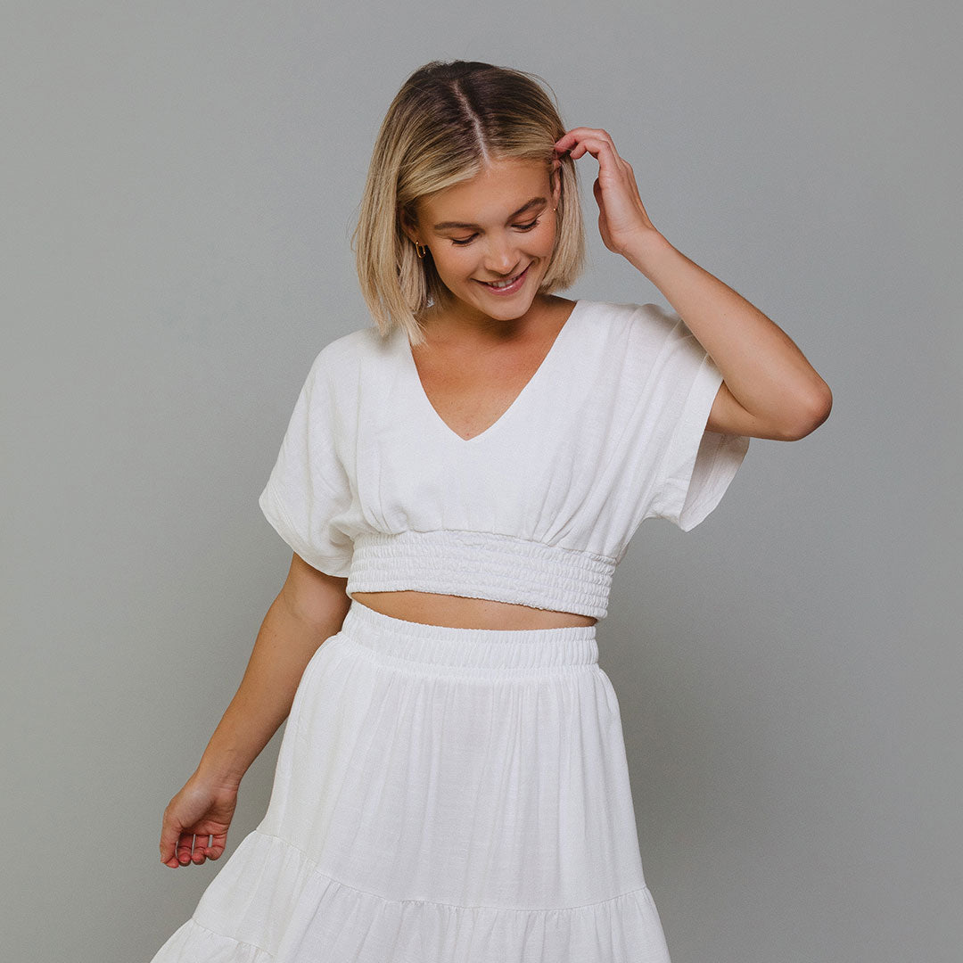 Coastal Crop Top in Cream - Women's Casual Short Sleeve Shirt for Beach, Summer Outfits & Boho Style Fashion