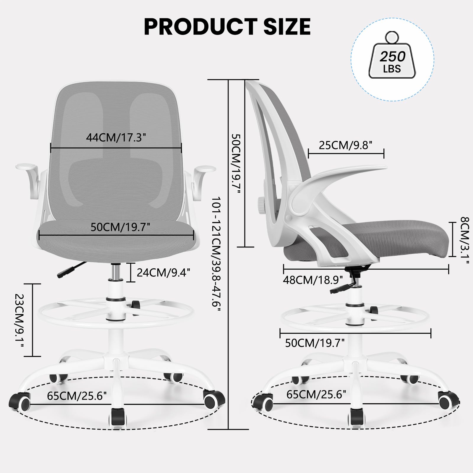 Ergonomic Drafting Chair with Adjustable Lumbar Support & Flip-Up Armrests - Tall Office Stool with Footrest Ring for Standing Desk - Light Gray Executive Computer Chair for Home Office, Studio & Workspace