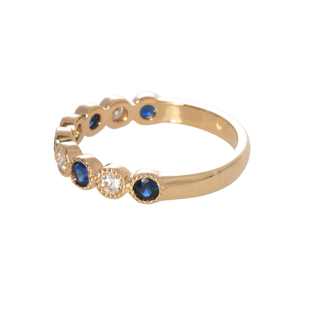 14K Yellow Gold Sapphire & Diamond Bezel Milgrain Wedding Band - Elegant Halfway Ring for Engagement, Anniversary & Special Occasions