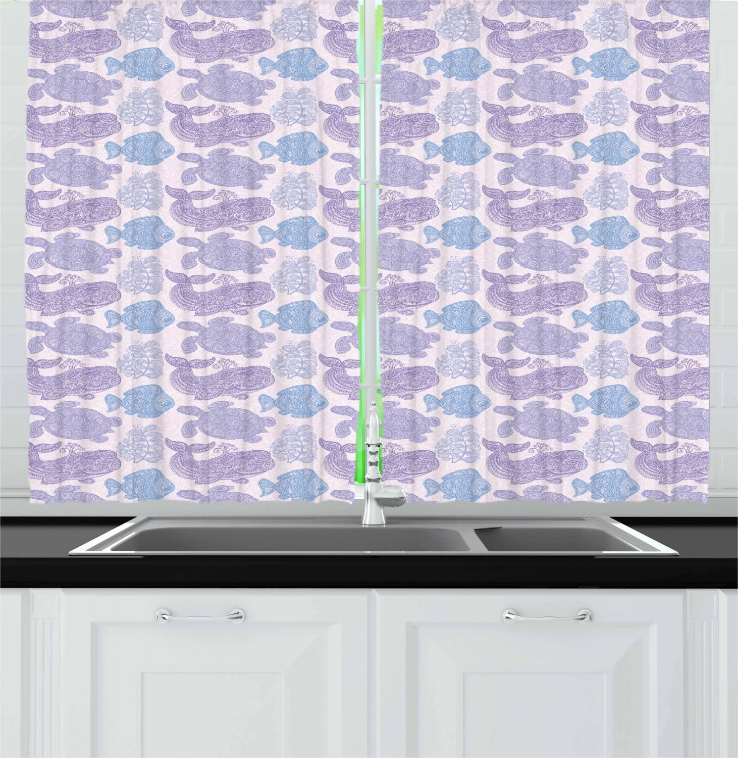 Ambesonne Whale & Sea Turtle Doodle Style Kitchen Curtains - 55