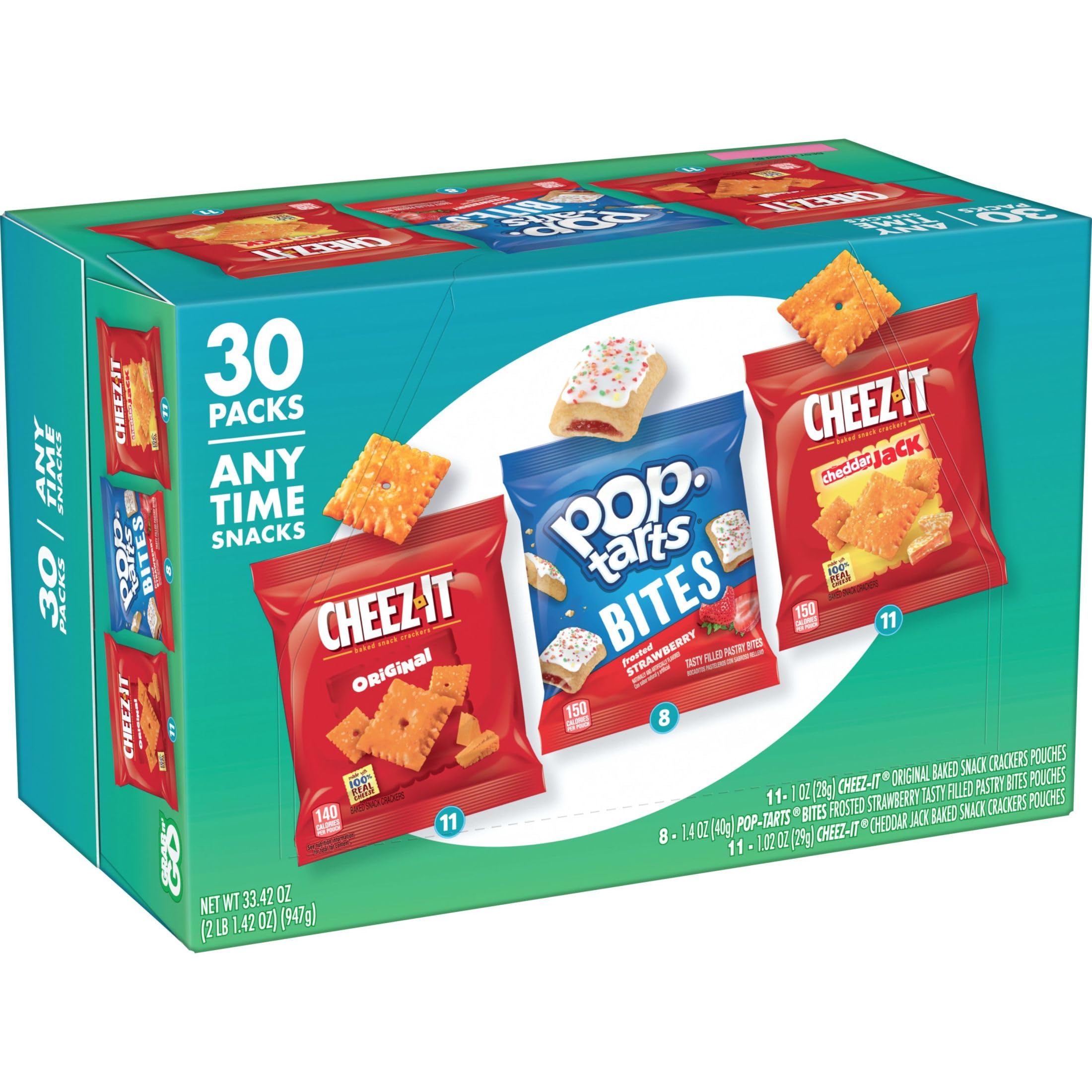 Kellogg's Cheez-It & Pop-Tarts Snack Variety Pack - 30 Count, 33.42oz Box - On-The-Go Breakfast & Anytime Snacks for School, Office, Travel & Road Trips