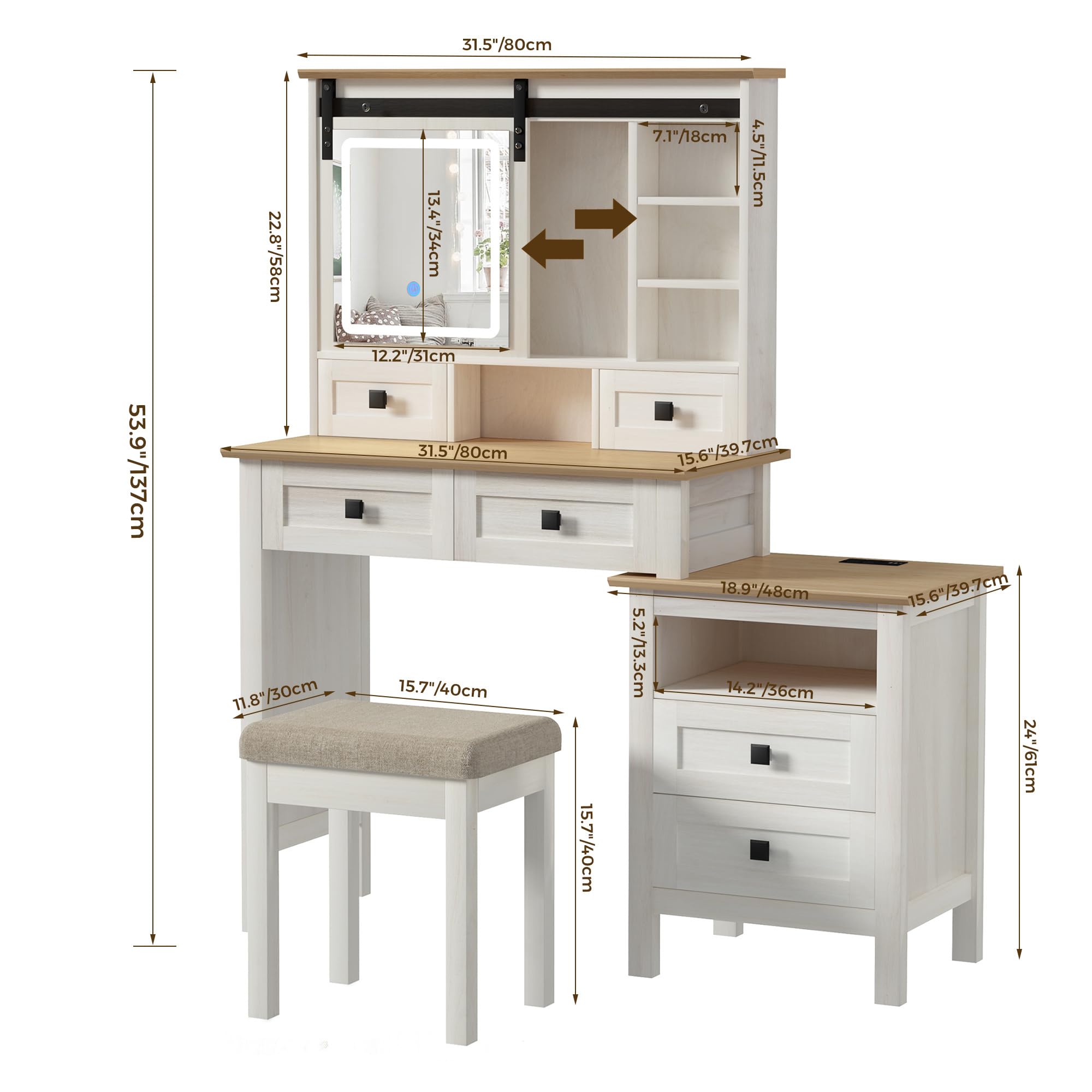 Farmhouse Makeup Vanity Desk with Sliding Mirror, LED Lights & Charging Station - Antique White Vanity Table Set with 6 Drawers, Nightstand & Stool for Bedroom | 3 Color Lighting Options | Perfect for Women & Girls Makeup Routine (UBDT56W)