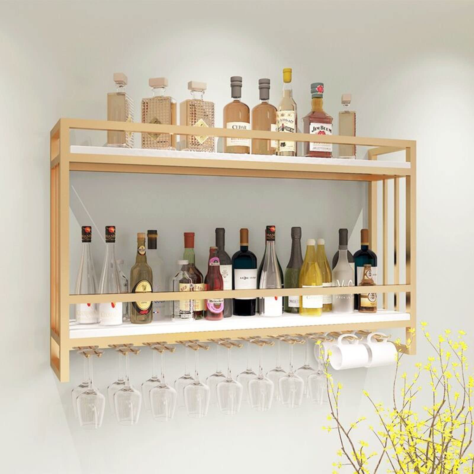 Premium Gold Wall-Mounted Wine Glass Rack - 2-Tier Floating Shelf for Wine Bottles & Glasses Storage | Ceiling Mounted Decorative Display for Kitchen, Bar, Dining Room | Multi-Purpose Hanging Organizer for Plants & Home Decor