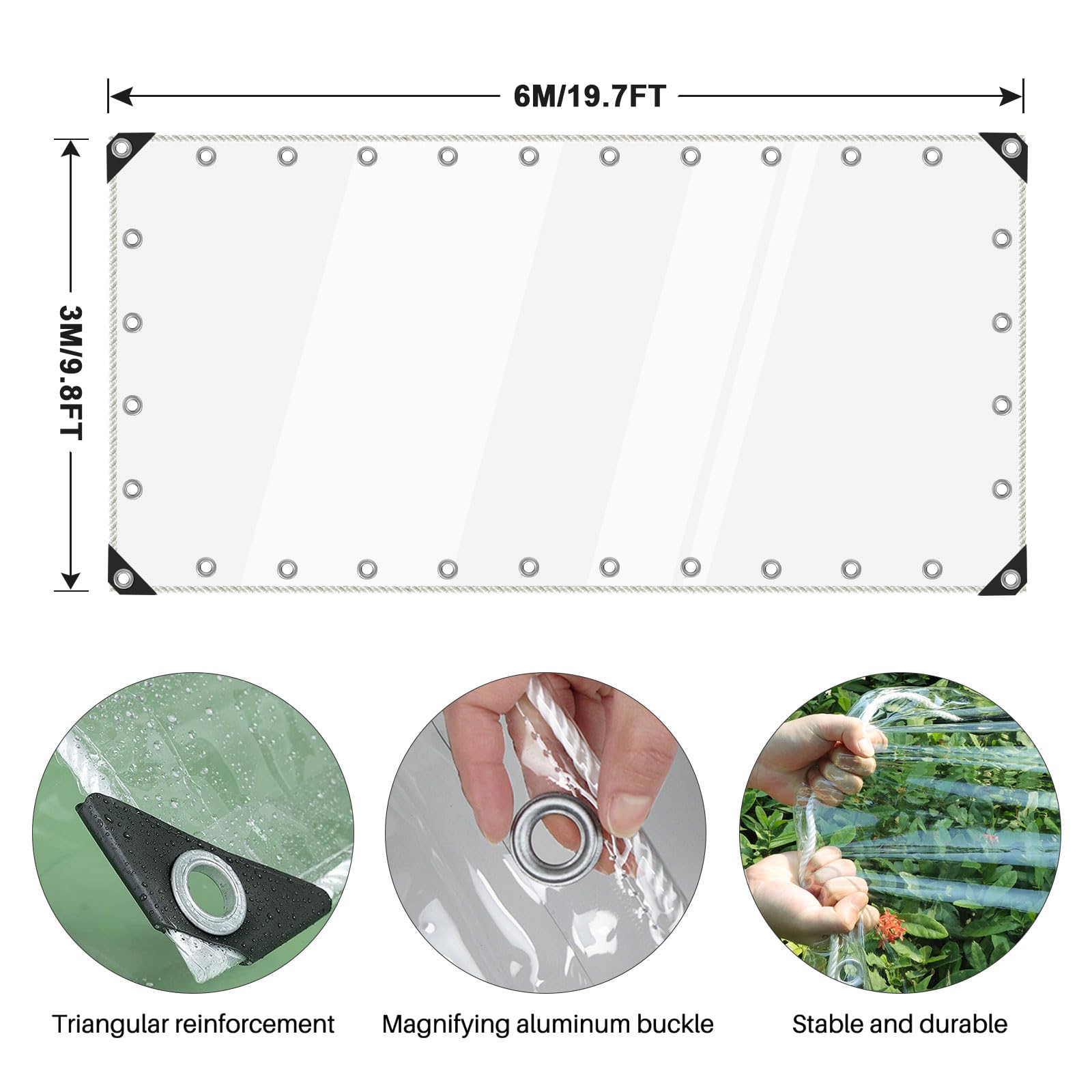 Heavy Duty Clear PVC Vinyl Tarpaulin - Waterproof, Transparent, Tear-Resistant with Reinforced Edges & Grommets | UV Protection for Greenhouse Cover, Patio Shade, Garden Protection, Outdoor Canopy, Pavilion Shelter | Perfect for Camping, Construction, Pool Cover & Emergency Weather Protection