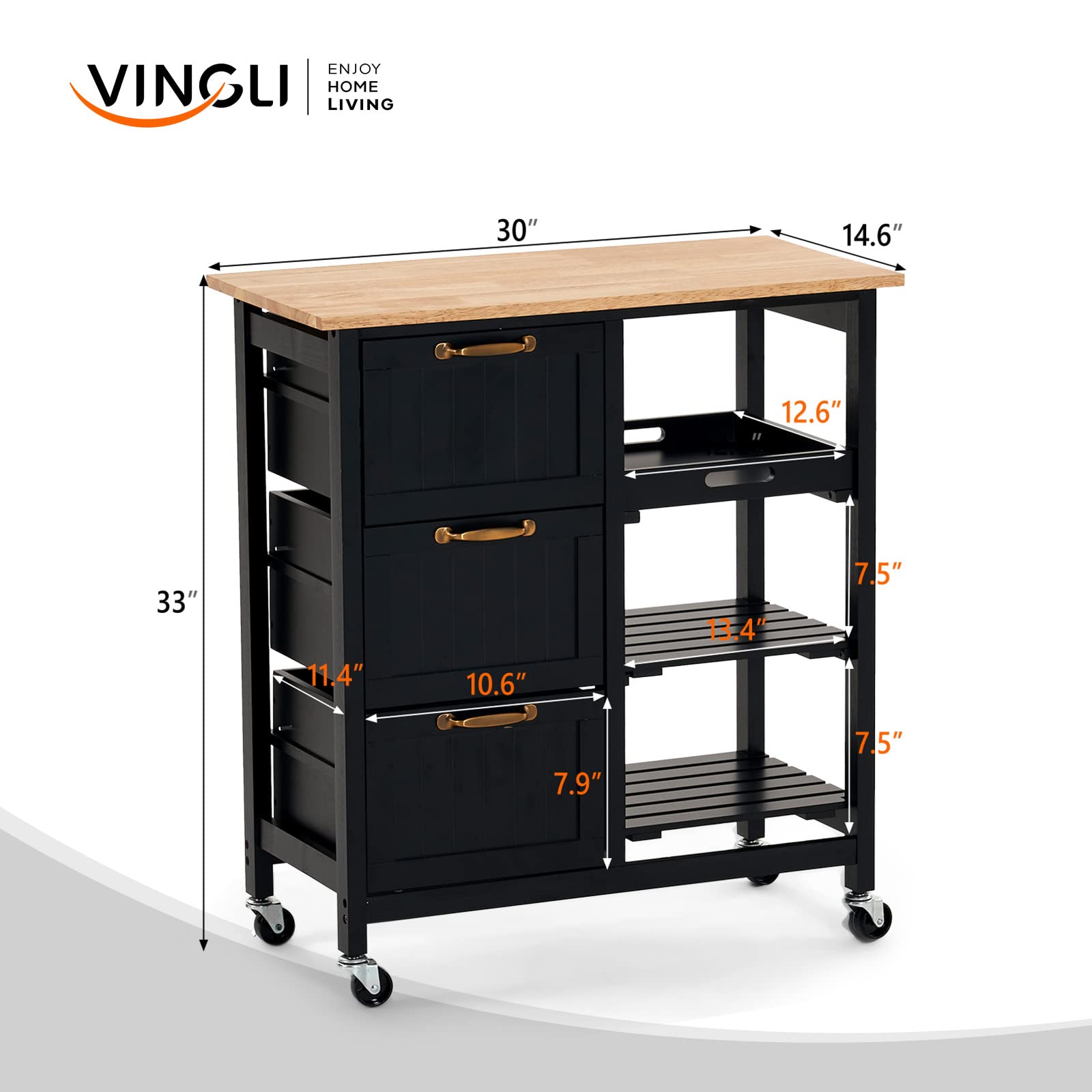 VINGLI Kitchen Island Cart with 3 Drawers, 2 Tier Holders & Removable Tray - Black Rolling Storage Cabinet with Solid Wood Top for Small Kitchen, Microwave Trolley, Home Serving Bar Cart | Perfect for Kitchen Organization, Entertaining & Space-Saving Storage
