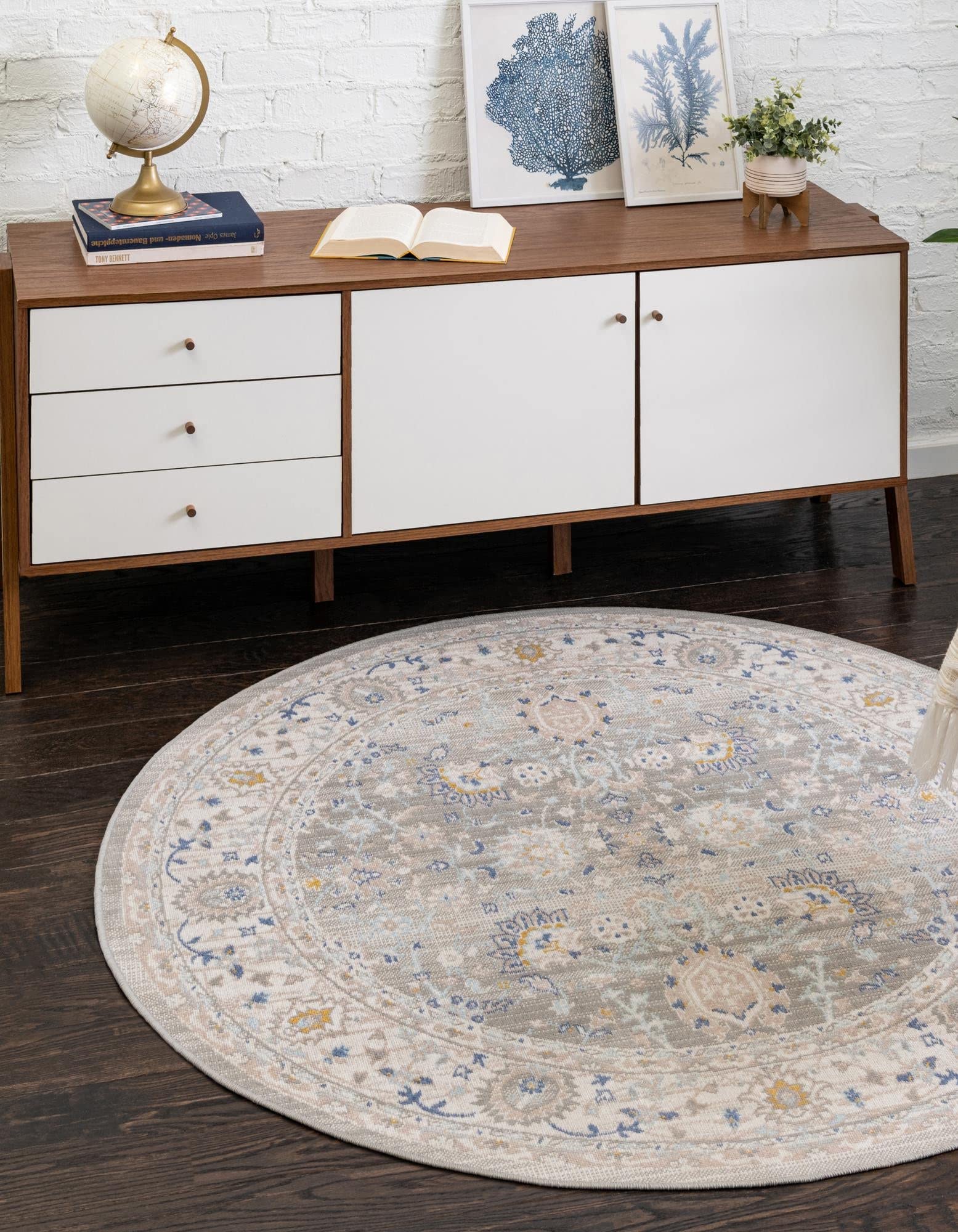 Unique Loom Whitney Collection Traditional Border Area Rug - 7' Round Cloud Gray Handmade Vintage Style Rug for Living Room, Bedroom & Dining Room Decor