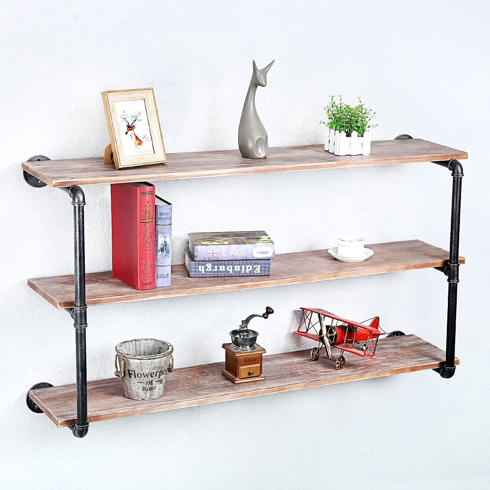 Industrial Pipe Floating Shelves - 3 Tier 48in Wall Mounted Wood & Metal Shelving for Books, Decor & Storage | Rustic Home Office & Living Room Organization