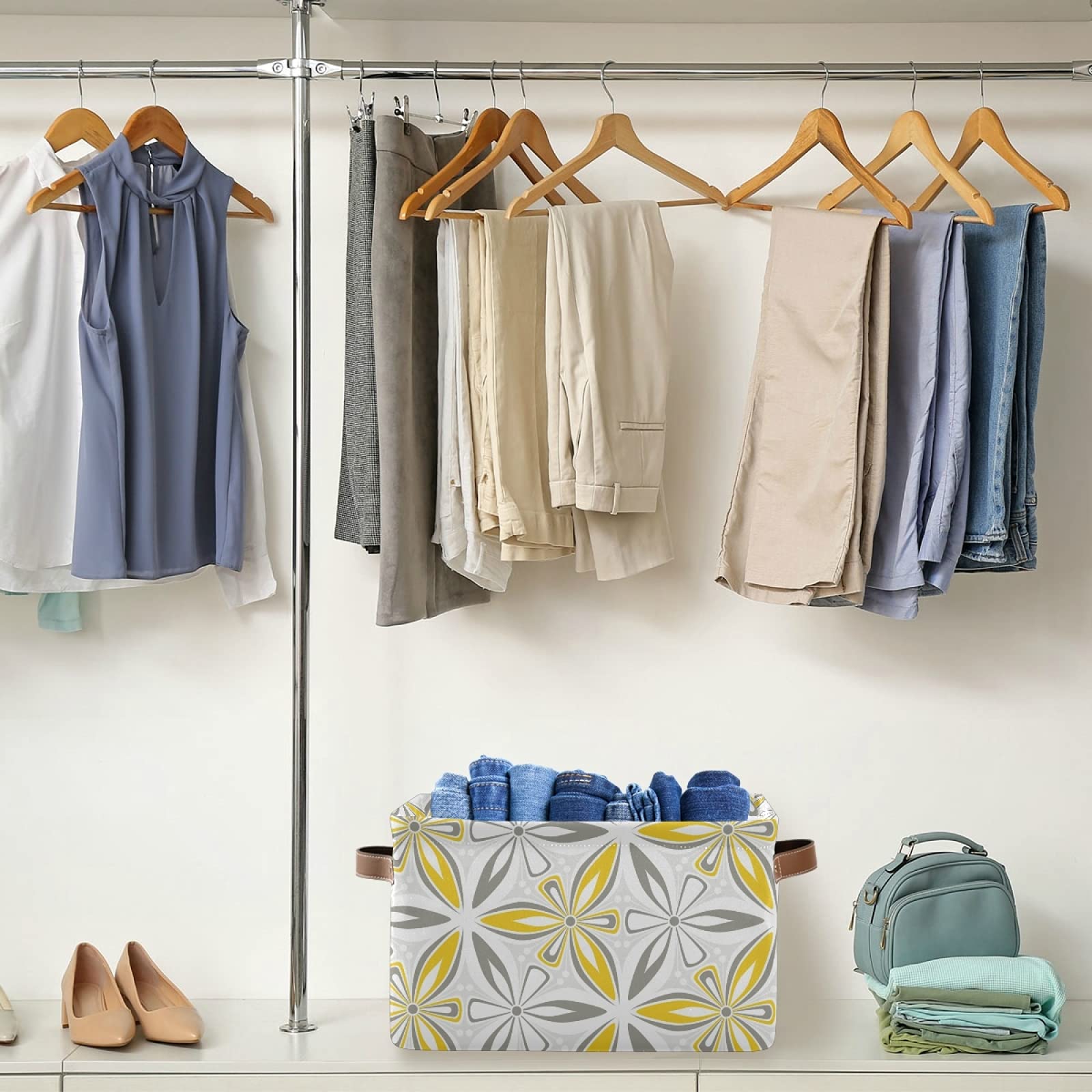 Susiyo Grey Yellow Geometric Flower Storage Bins - 14 x 10 Inch Canvas Storage Basket for Shelves, Closet Organizing (1 Piece) - Perfect for Home Decor, Bedroom Storage & Kids' Room Organization