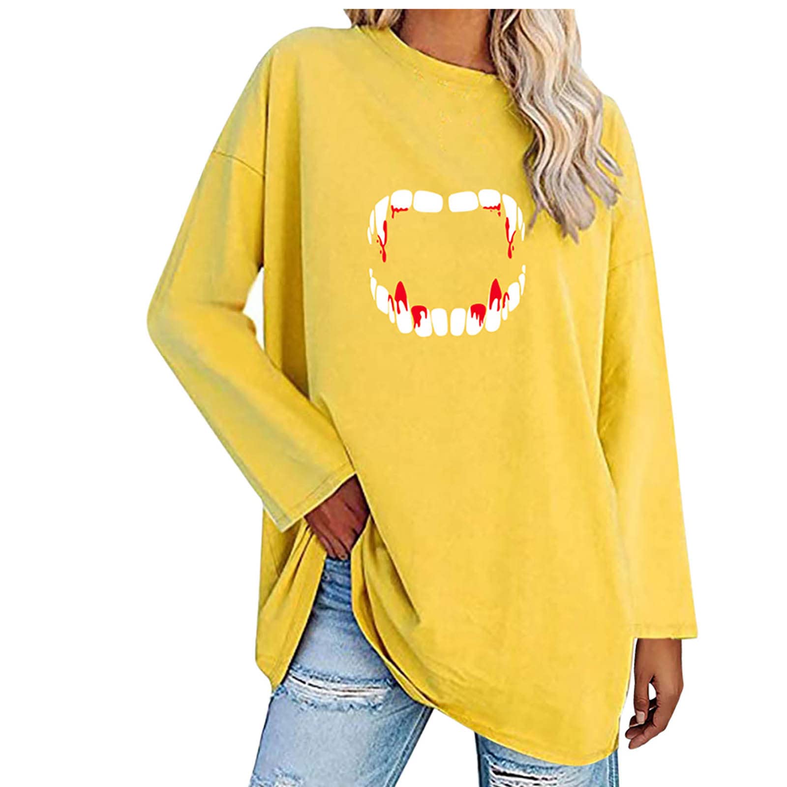 Women's Halloween Sweatshirt - Teeth Print Crewneck Long Sleeve Drop Shoulder Pullover Top | Spooky Party Outfit, Costume Cosplay, Casual Fall Fashion
