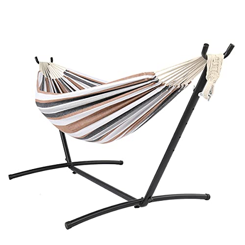 9ft Double Cotton Portable Hammock with Stand - Heavy Duty Space Saving Steel Frame (450 lb Capacity) - Coffee Strip Pattern with Natural Rope - Perfect for Patios, Backyards, Camping & Outdoor Relaxation