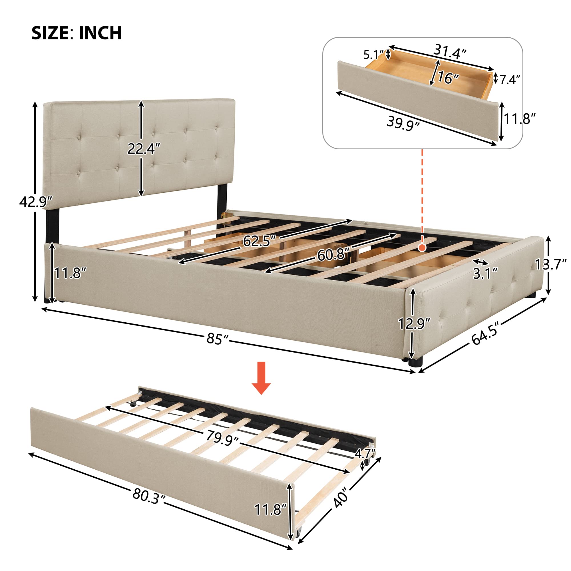 P PURLOVE Queen Size Upholstered Storage Platform Bed with Headboard - 2 Drawers & Twin XL Trundle, No Box Spring Needed, Dark Beige Bed Frame for Small Space & Guest Room Solutions