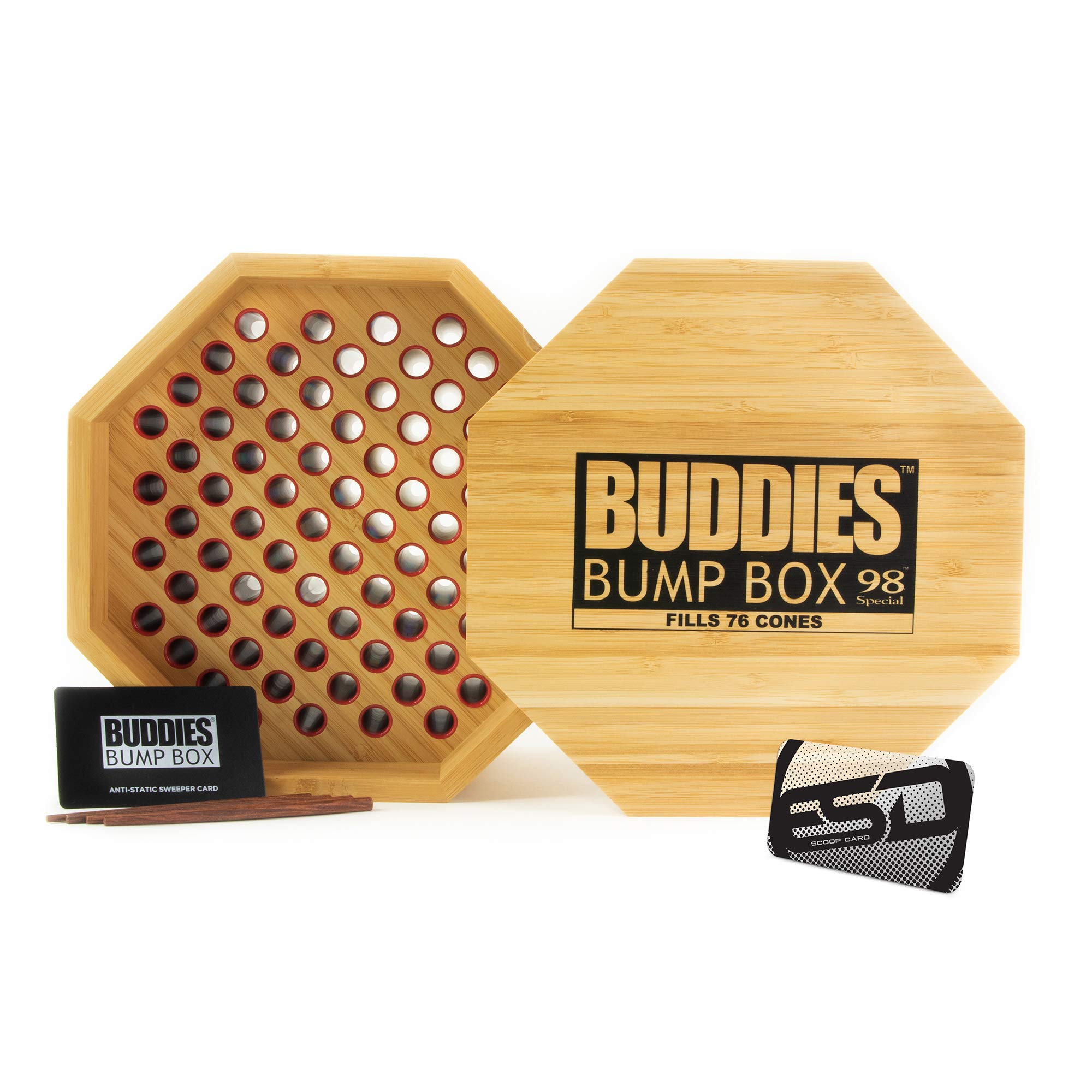Buddies Bump Box Filler for 98 Special Sized Cones | Bulk Packing Wood Box Fills 76 Cones Simultaneously | Time-Saving ESD Scooping Card Included | Perfect for Dispensaries & Large-Scale Cannabis Packaging