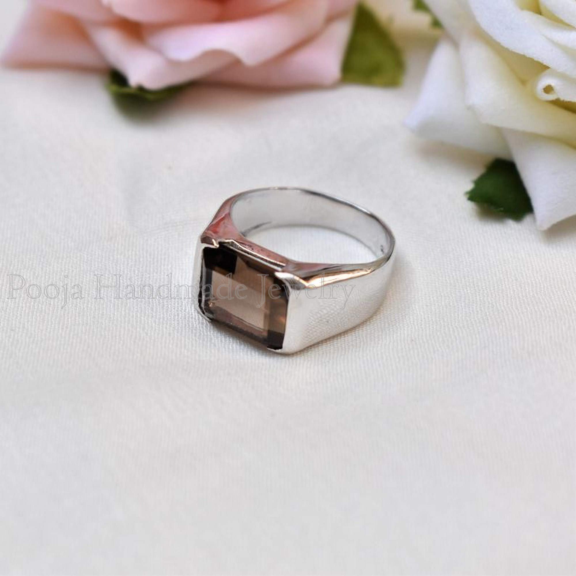 Natural Smoky Quartz Ring for Men - 925 Sterling Silver Gemstone Ring, Handmade Ottoman Style Heavy Band - Brown Birthstone Jewelry, Promise Gift for Him - Perfect for Weddings, Anniversaries & Special Occasions