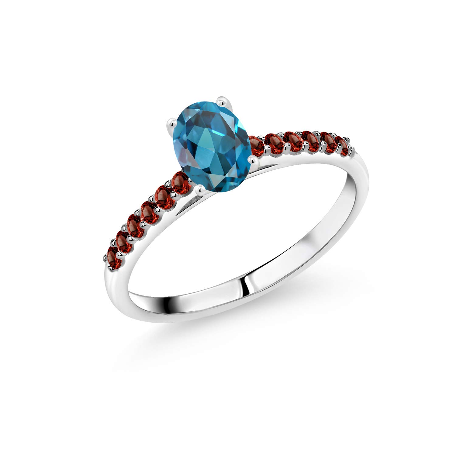 1.24 Ct Oval London Blue Topaz & Red Garnet 10K White Gold Ring for Women | Gem Stone King | Elegant Jewelry for Engagement, Wedding & Anniversary Gifts