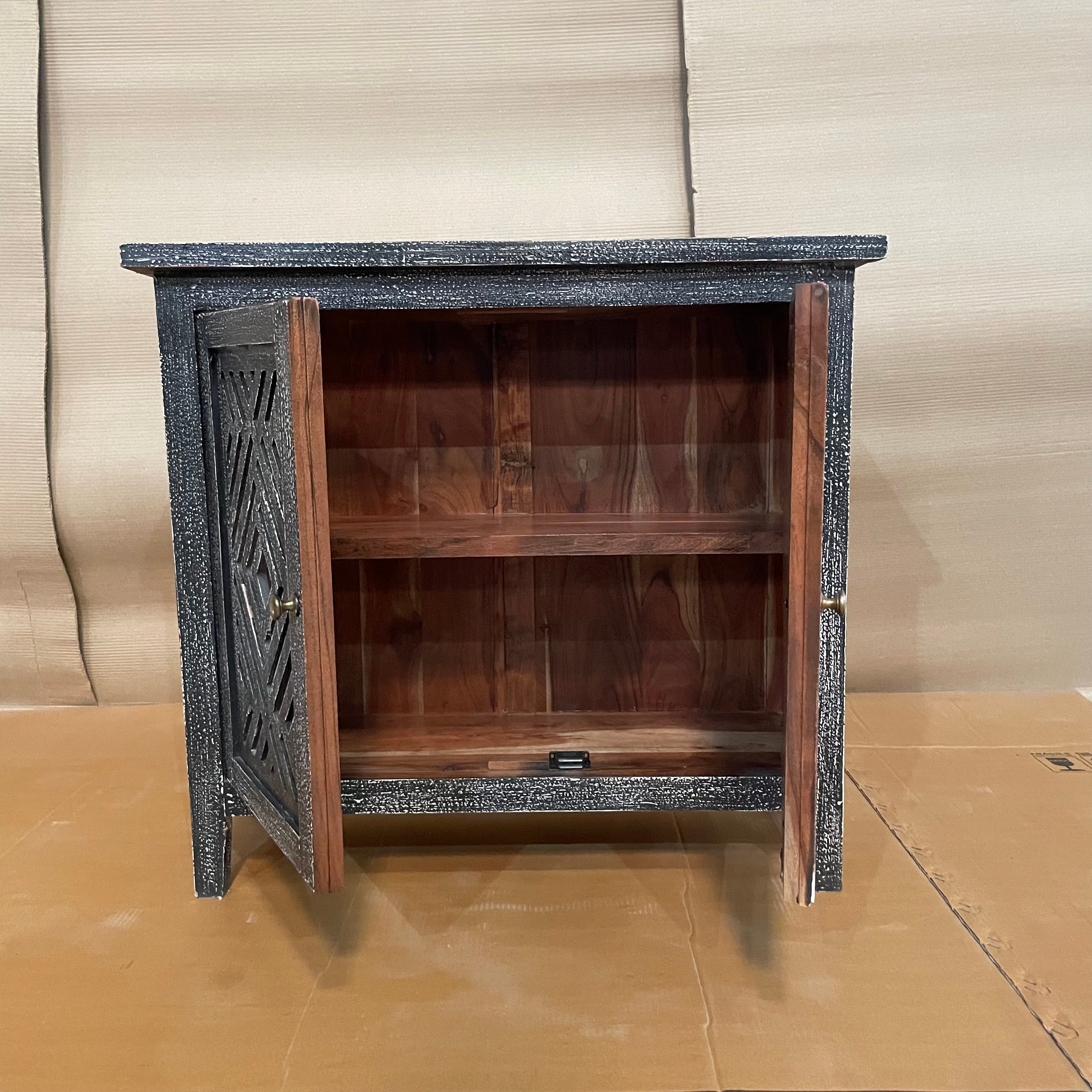 Handcrafted Indian Solid Hardwood Cabinet with 2 Mirror Doors - Black, 81x31x75cm - Elegant Storage for Bedroom, Living Room & Entryway