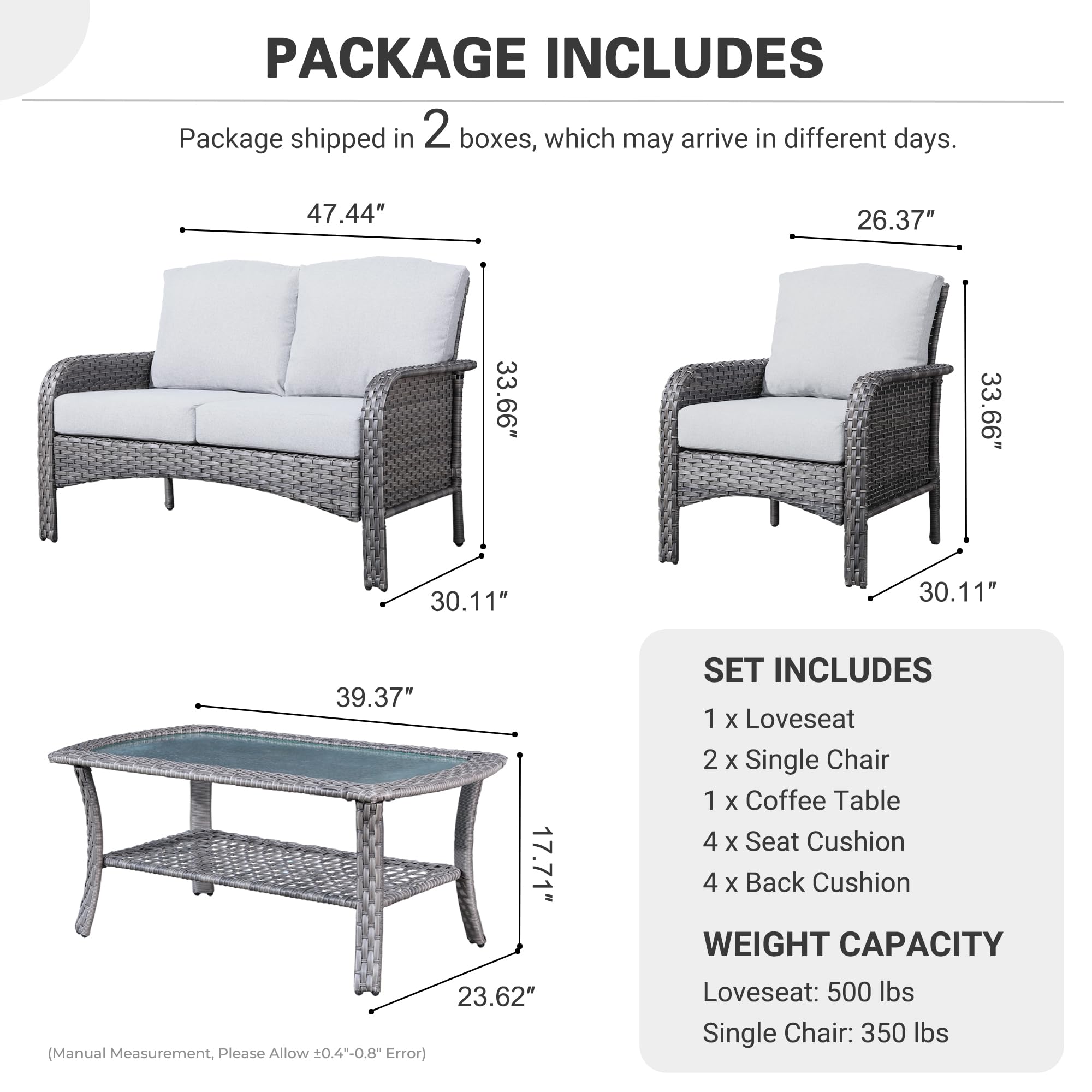 4-Piece Patio Furniture Set - Outdoor Wicker Sofa with Coffee Table & Chairs, All-Weather High Back Rattan Loveseat with Comfortable Cushions (Grey) - Perfect for Backyard, Garden, Poolside & Balcony Relaxation