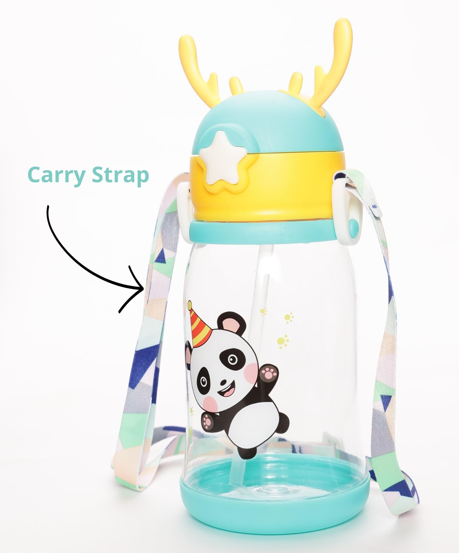Paper Moon Deer Horn Cartoon Sippy Cup - 600ml Leak-Proof Kids Water Bottle with Adjustable Strap for School, Travel & Outdoor Activities - BPA Free Spill-Proof Tumbler (Multicolor, Design May Vary)