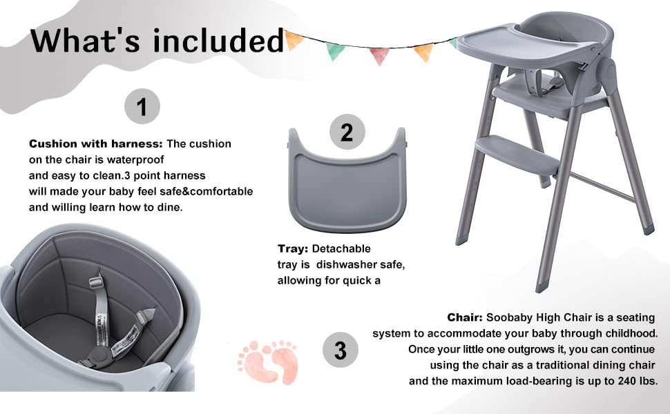 5-in-1 Convertible Baby High Chair with Removable Tray - Adjustable Toddler Feeding Seat for 6 Months to 240 lbs - Easy Clean Gray Cushion - Portable for Home, Restaurant & Travel Use