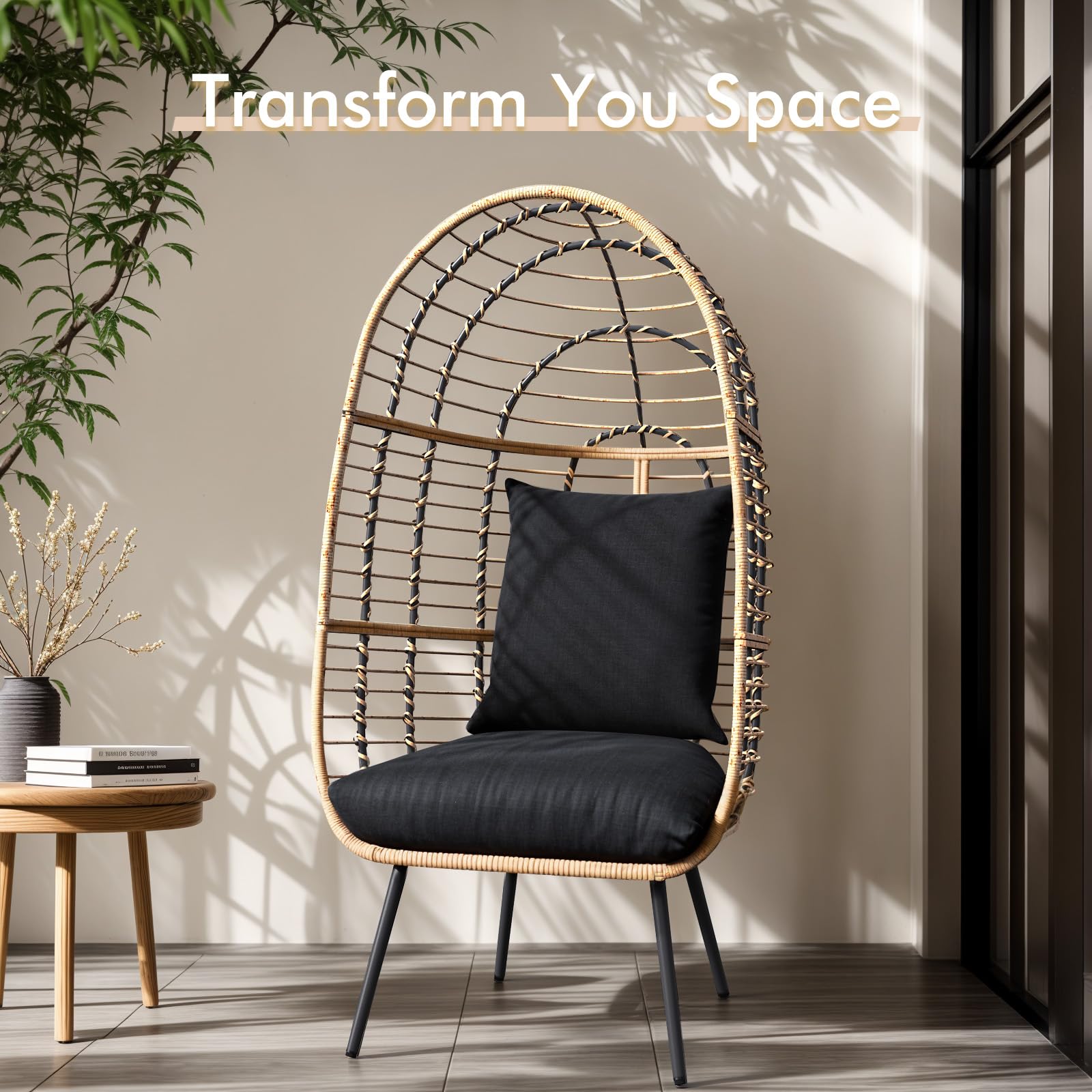JOIVI Oversized Wicker Egg Chair - Indoor/Outdoor Rattan Hanging Lounger with Stand & Cushions - Patio, Porch, Backyard, Living Room, Balcony Furniture - Perfect for Relaxing, Reading & Sunbathing (Beige Rattan, Black Cushion)