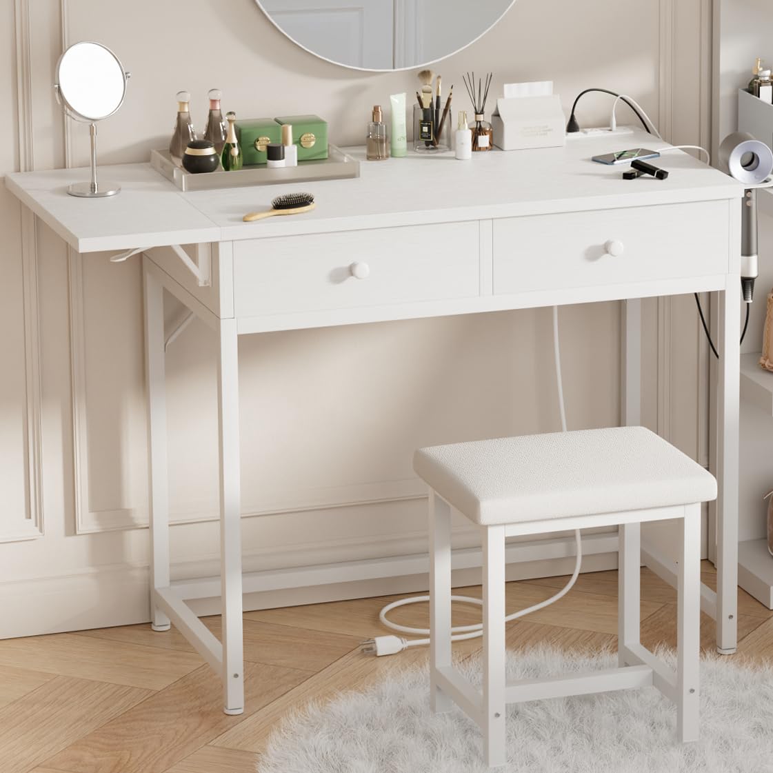 Modern White Small Makeup Vanity Desk Set with Wood Drawers & Stool - Foldable Countertop, Built-in Outlets - Perfect for Bedroom, Dressing Room & Apartment Beauty Space