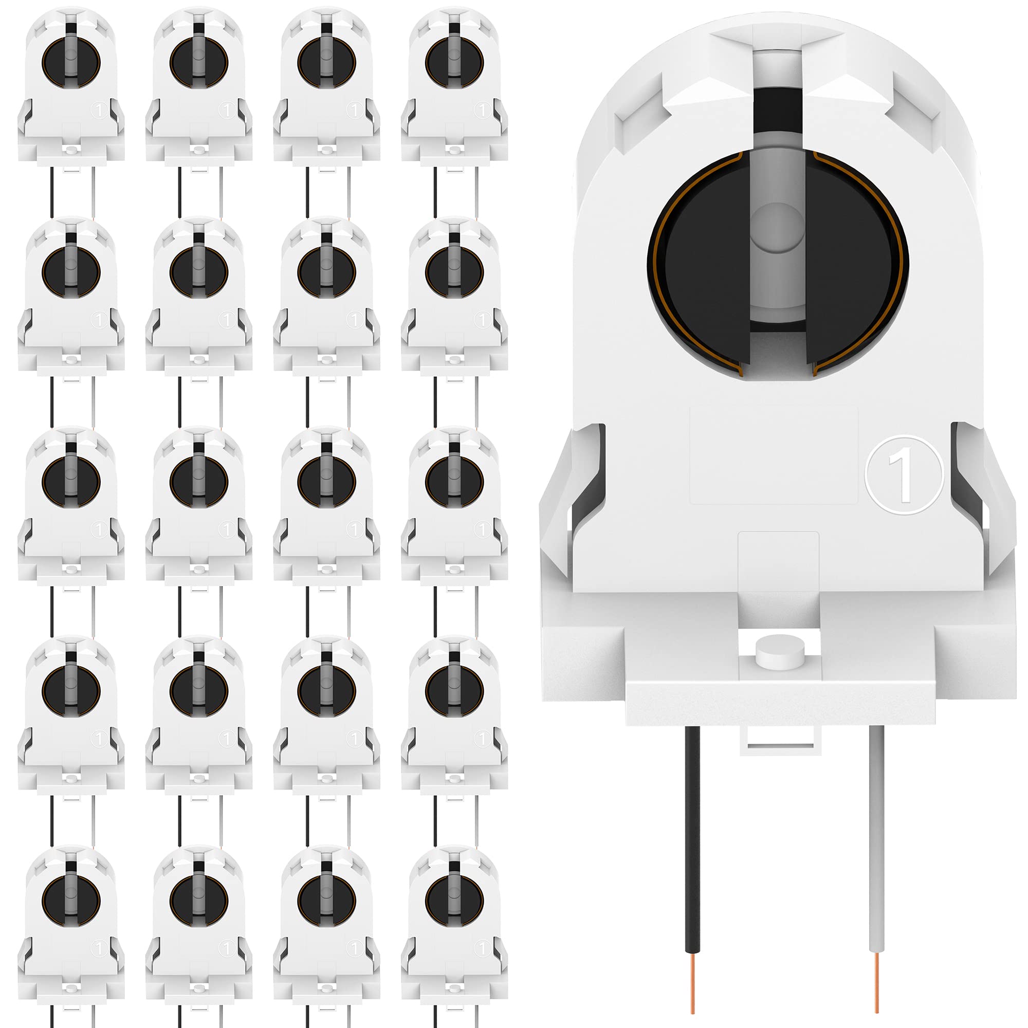 20-Pack JACKYLED Screw Type T8 Lamp Holder with Wires - UL Listed Non-Shunted Tombstone Socket for LED Tube Replacement - Perfect for Home, Office & Commercial Lighting Upgrades