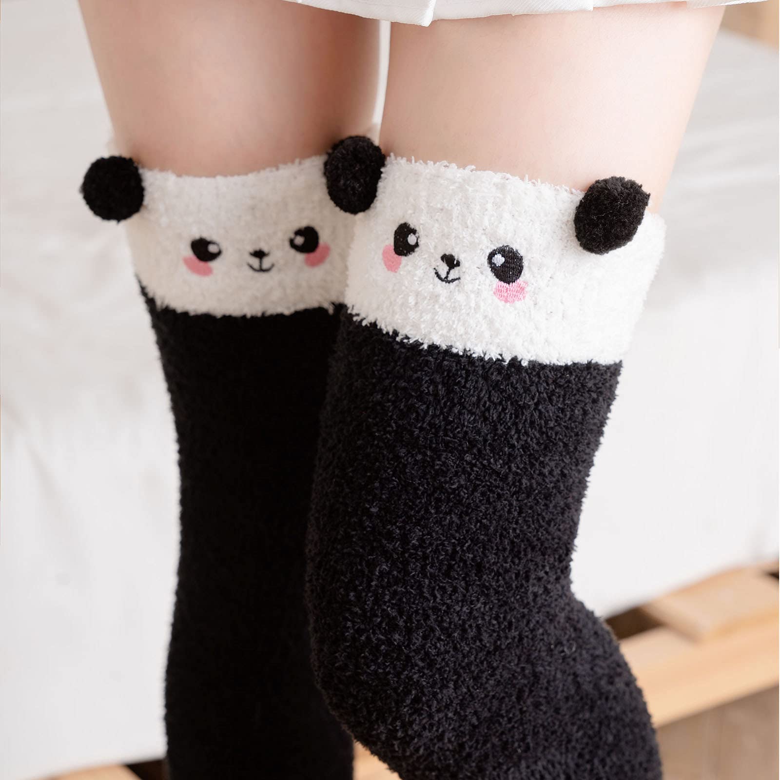 Bblulu Women's Cartoon Fuzzy Over Knee High Socks - Winter Warm Thigh High Boot Socks - Soft & Cozy Leg Warmers - Black One Size - Perfect for Cold Weather, Lounge Wear & Gift Giving
