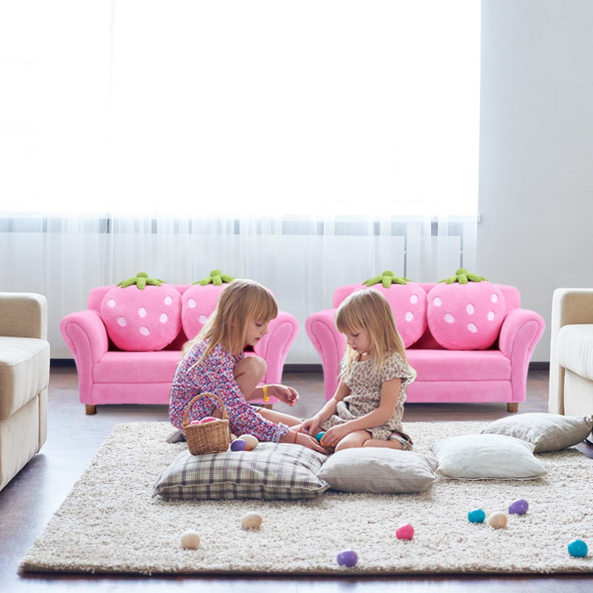 Costzon Kids Double Seat Sofa - Pink Toddler Armrest Chair with 2 Strawberry Pillows, Soft Loveseat for Girls & Boys, Perfect for Bedroom, Living Room & Playroom - Ideal Preschool Gift & Cozy Reading Nook