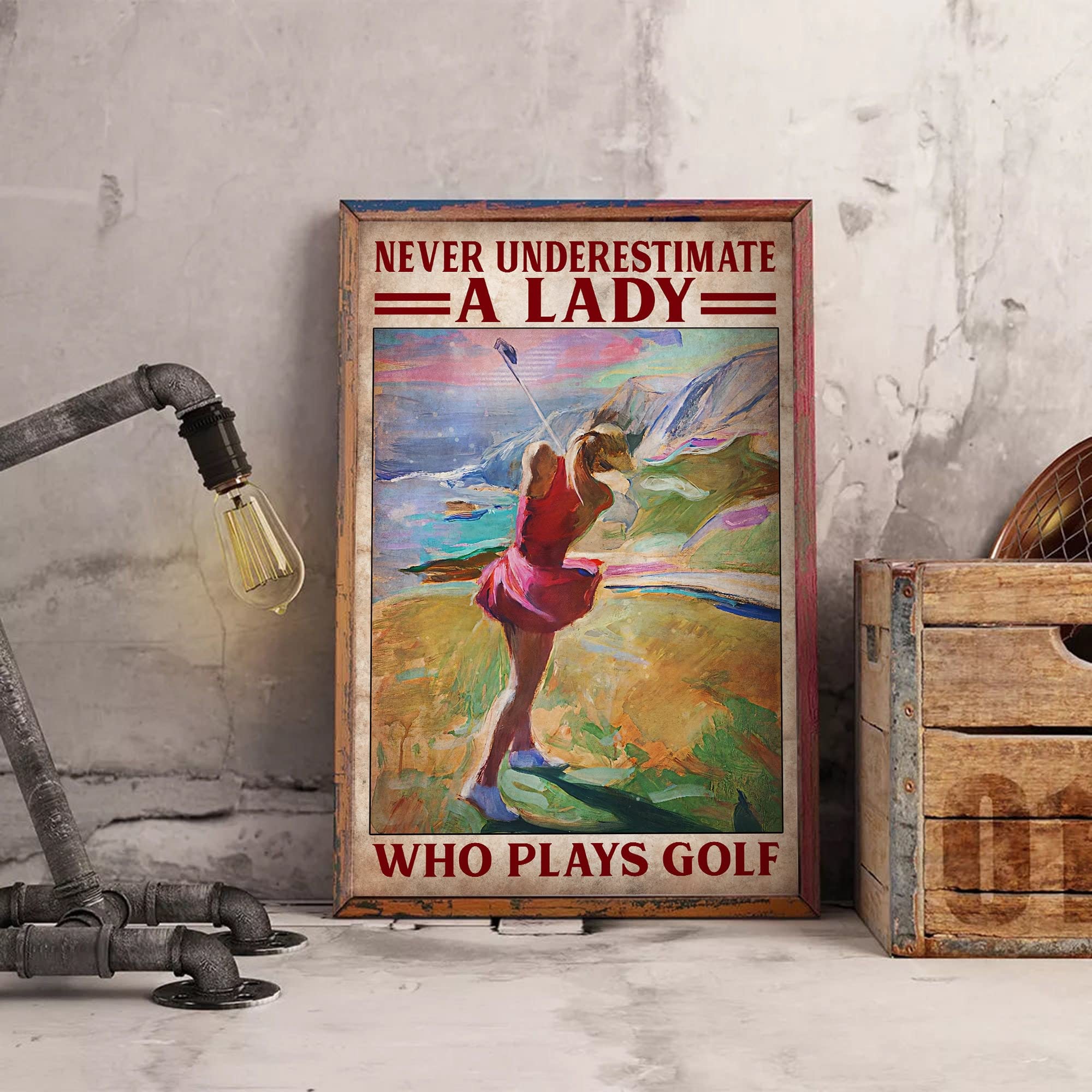 Vintage Metal Tin Sign - Never Underestimate a Lady Who Plays Golf Poster - 5.5x8 Inch Golf Room Decor & Sports Wall Art - Perfect Golf Gifts for Men, Birthday Presents & Home Office Wall Decor - Ideal for Golf Lovers, Man Cave, Sports Bar & Game Room Decor