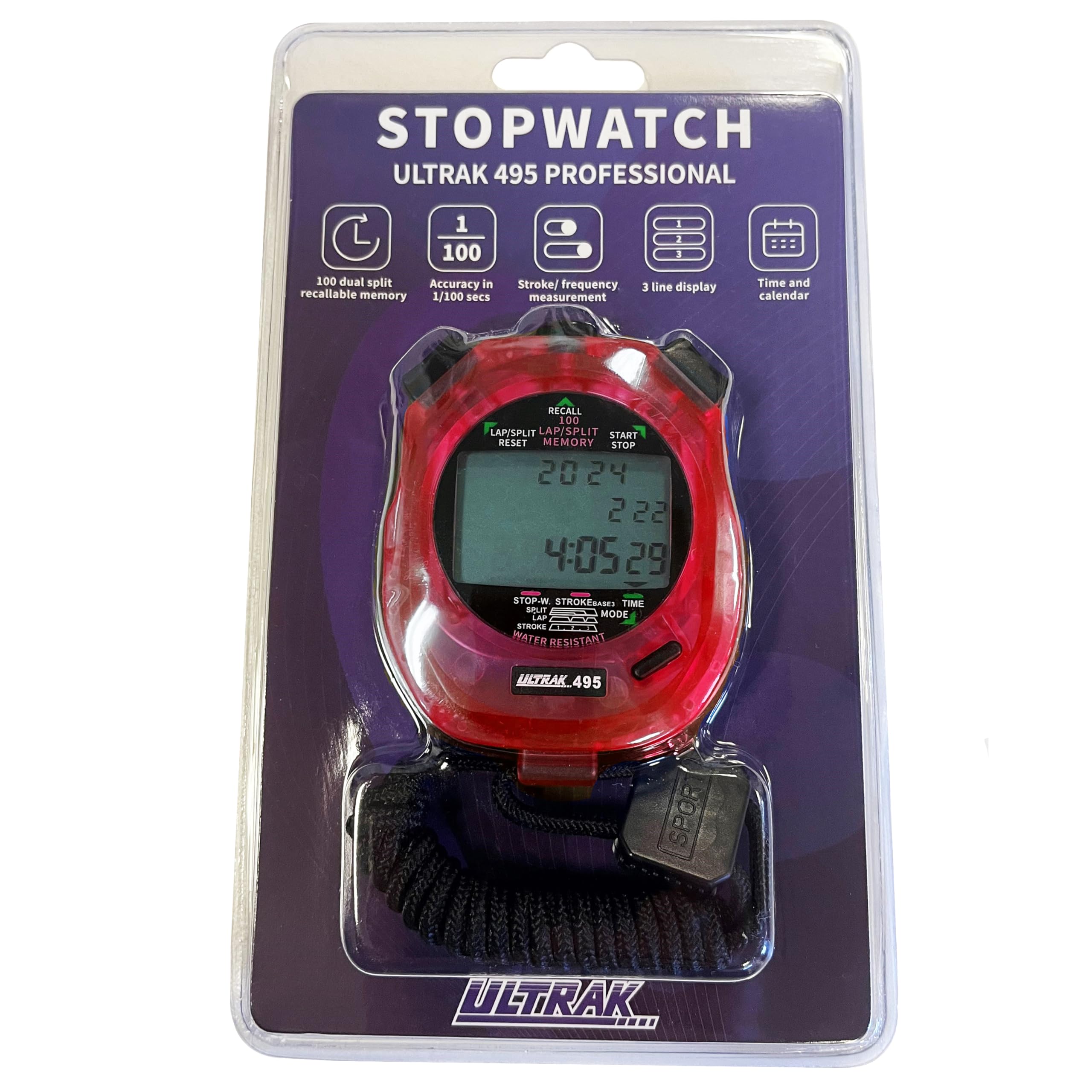 Ultrak 100 Lap Memory Timer - Digital Stopwatch with Large Display for Track & Field, Swimming, Coaching - Red (Sports Timing Device)