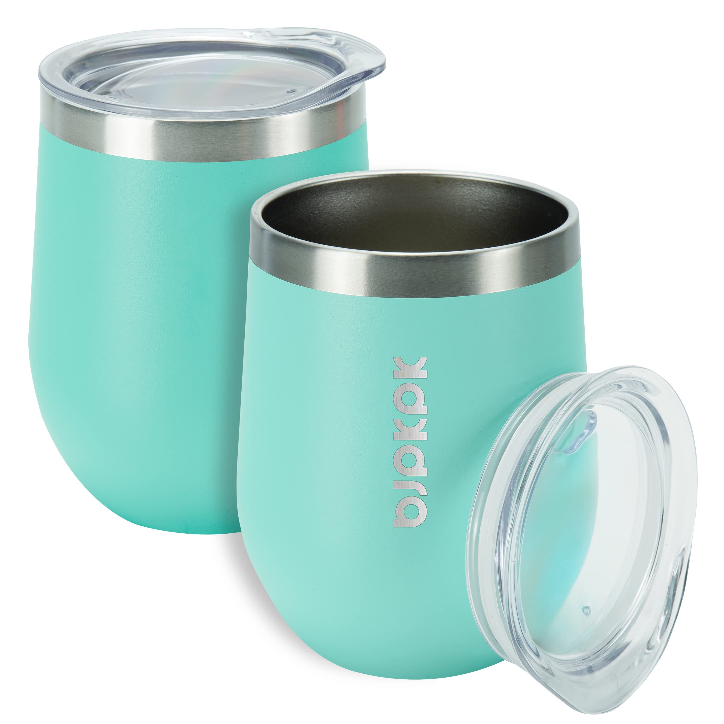 BJPKPK 2 Pack 12oz Insulated Stainless Steel Wine Tumblers - Double Wall Vacuum Coffee Mugs with Lid, Unbreakable Wine Glasses for Hot & Cold Drinks - Perfect for Home, Office, Camping & Travel (Turquoise)
