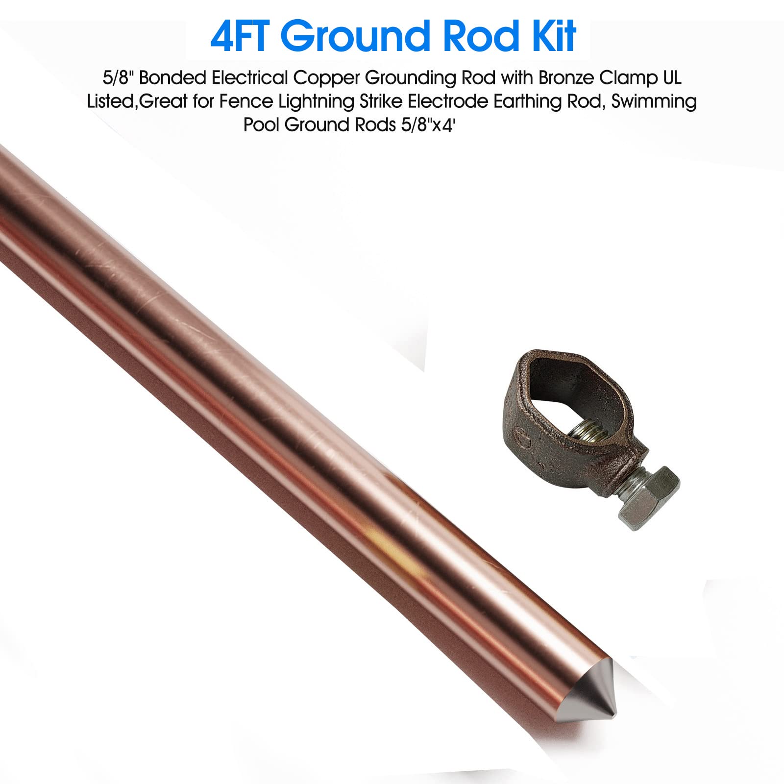 GOUNENGNAIL 4ft Ground Rod Kit - 5/8'' UL Listed Bonded Electrical Copper Grounding Rod with Bronze Clamp for Lightning Protection & Earthing - Perfect for Fence, Swimming Pool, Solar Panel & Electrical System Grounding