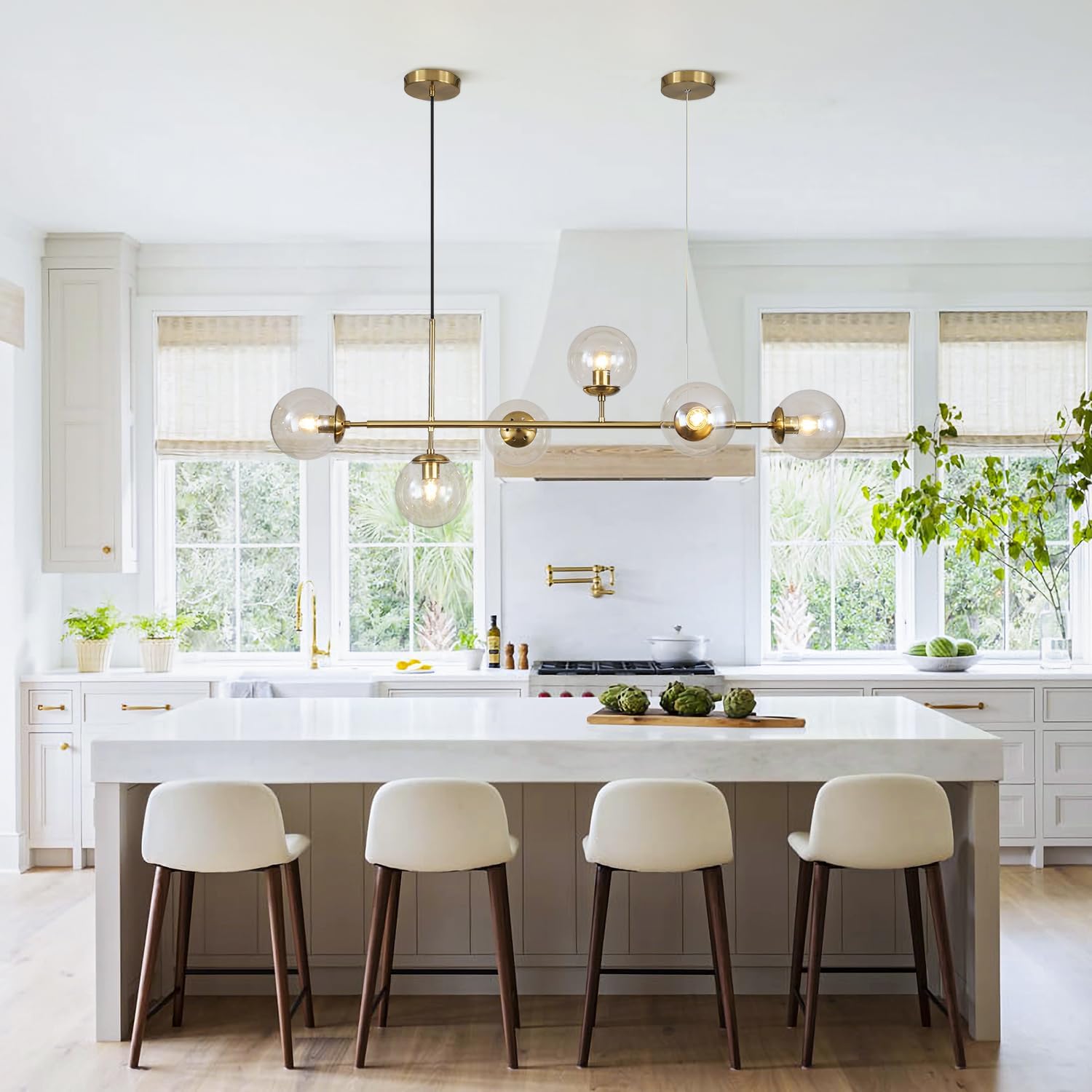 KCO Lighting 6-Light Amber Glass Linear Chandelier - Gold Brass Pendant Light Fixture for Kitchen Island & Dining Room | Modern Sputnik Ceiling Lighting for Home Decor