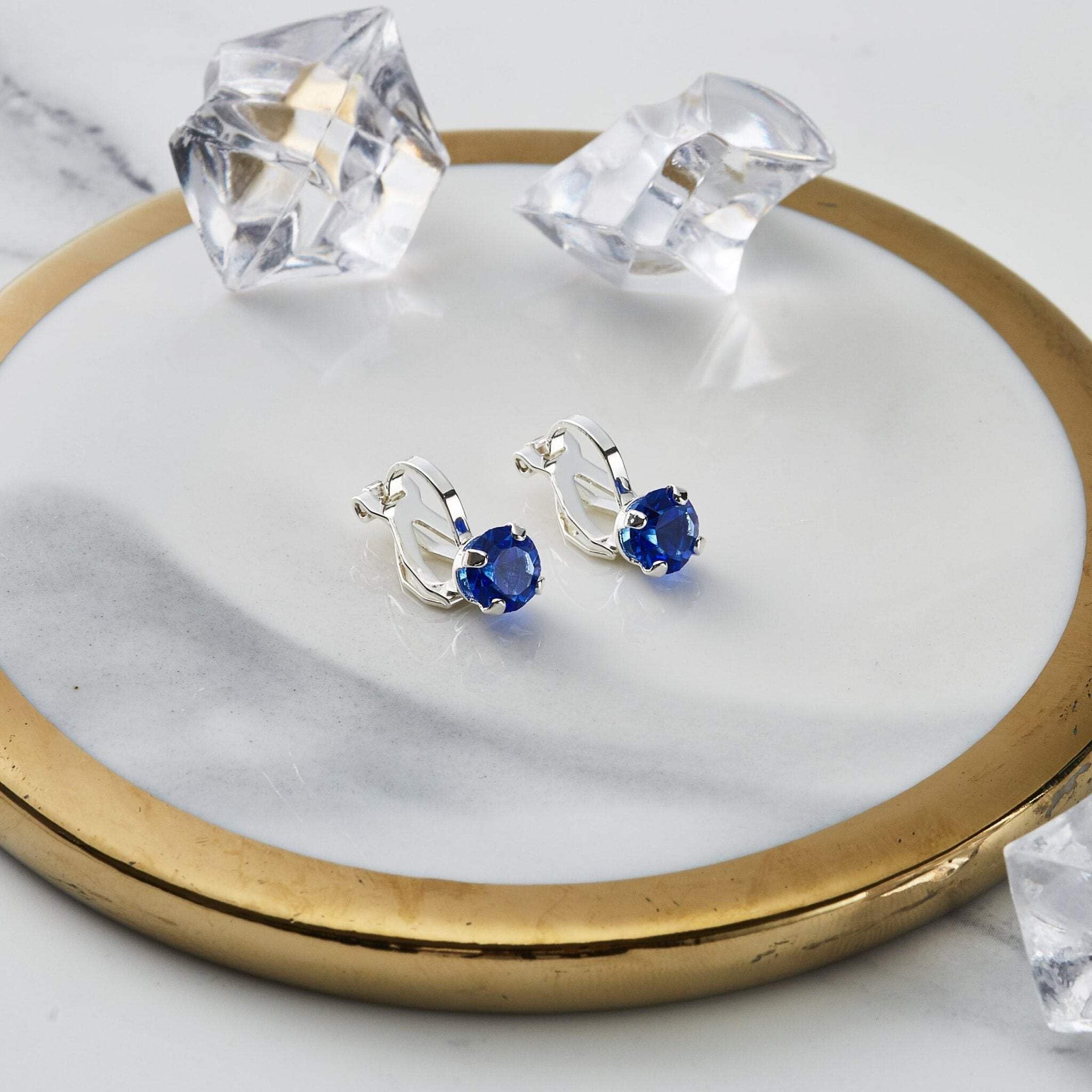 Zirconia Clip-On Earrings for Sensitive Ears - Dark Blue Crystal