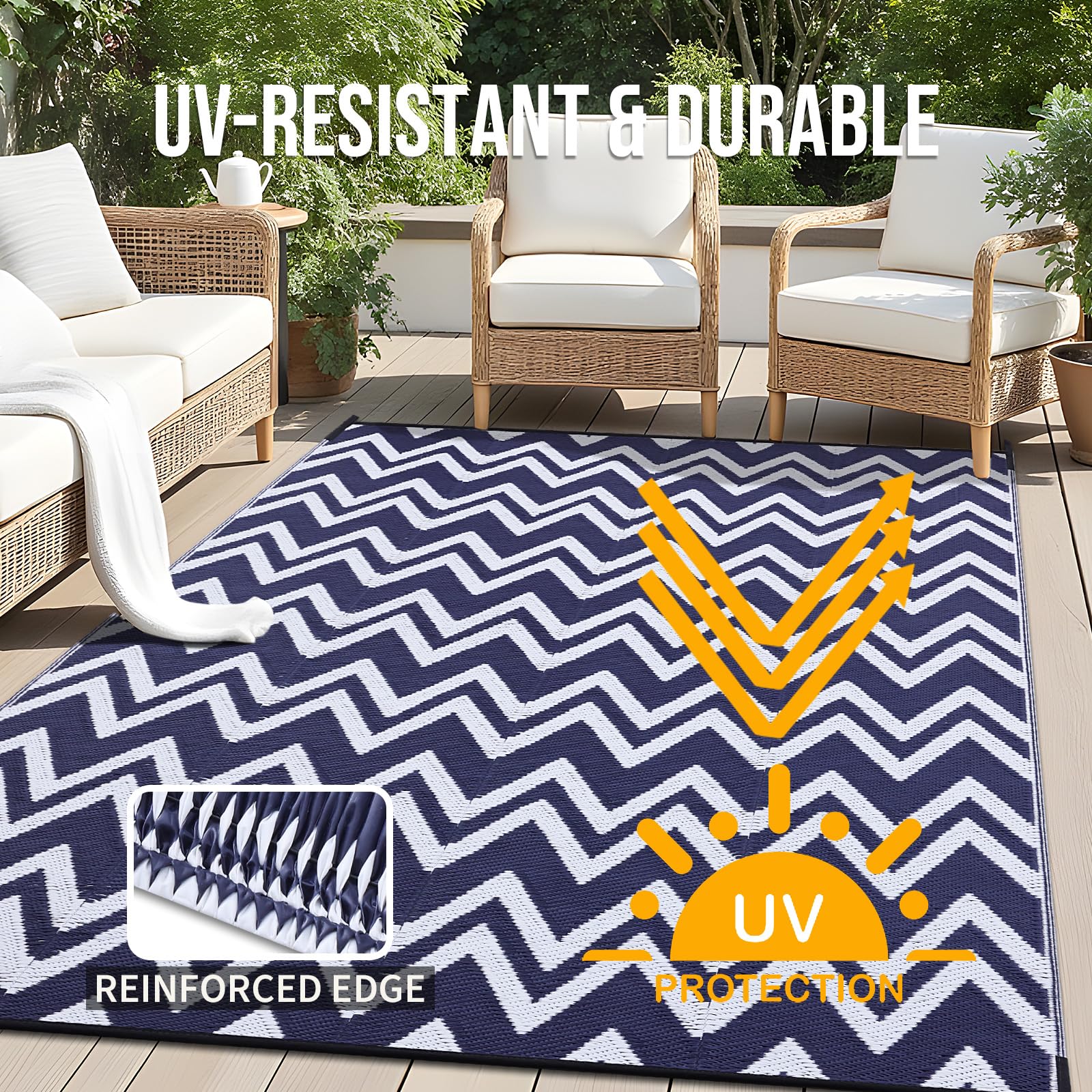 OLANLY 9x12 ft Waterproof Reversible Outdoor Rug - Non-Slip Plastic Straw RV Mat for Patio, Deck, Camping & Backyard - Navy & White Indoor/Outdoor Carpet | Perfect for Picnics, Beach Trips & Balcony Decor