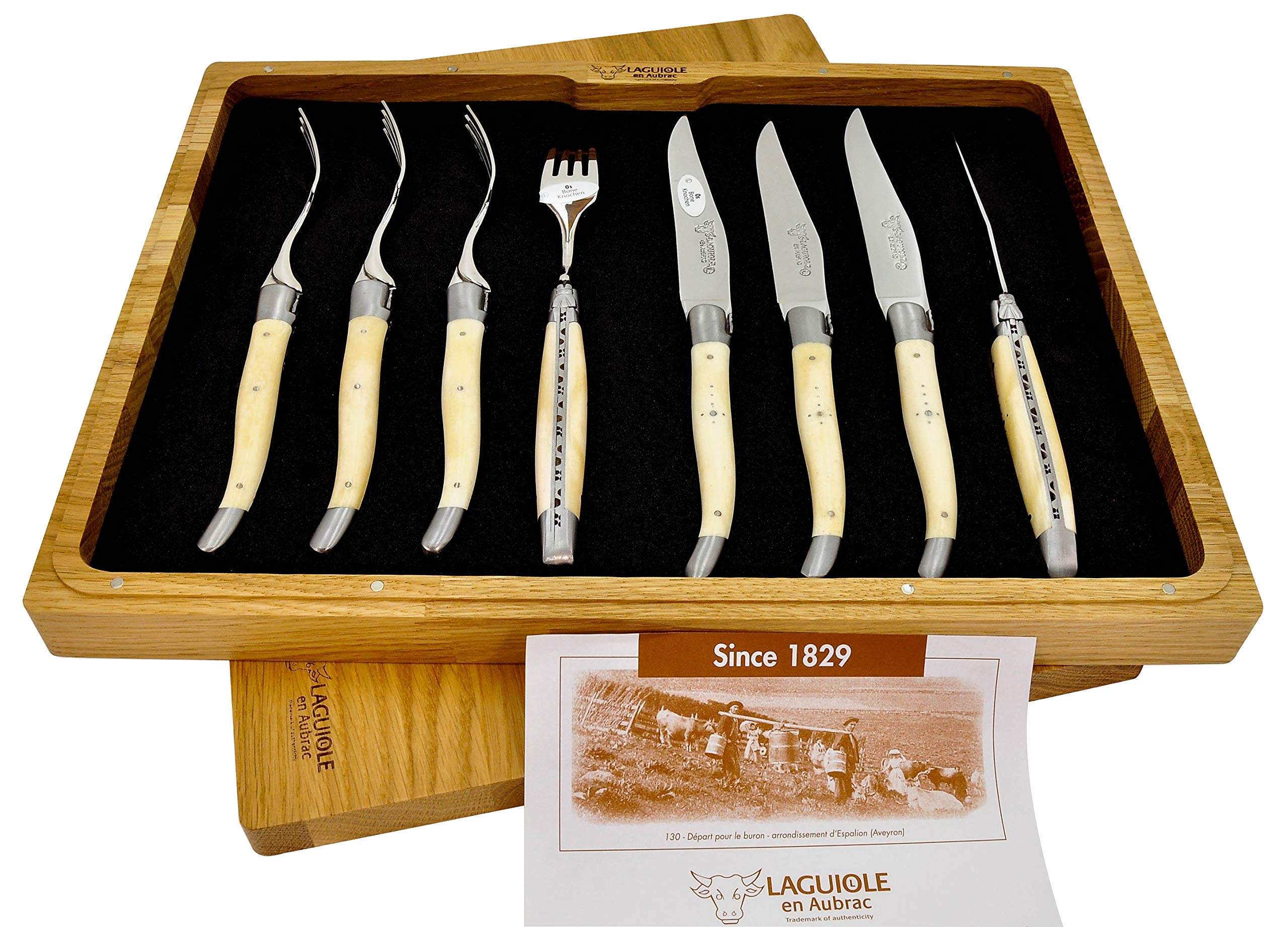 Premium Laguiole en Aubrac 4-Piece Steak Knife Set with 4 Forks - Stainless Steel Blades & Elegant Bone Handles - Perfect for Fine Dining, BBQ Parties & Gourmet Steakhouse Experience