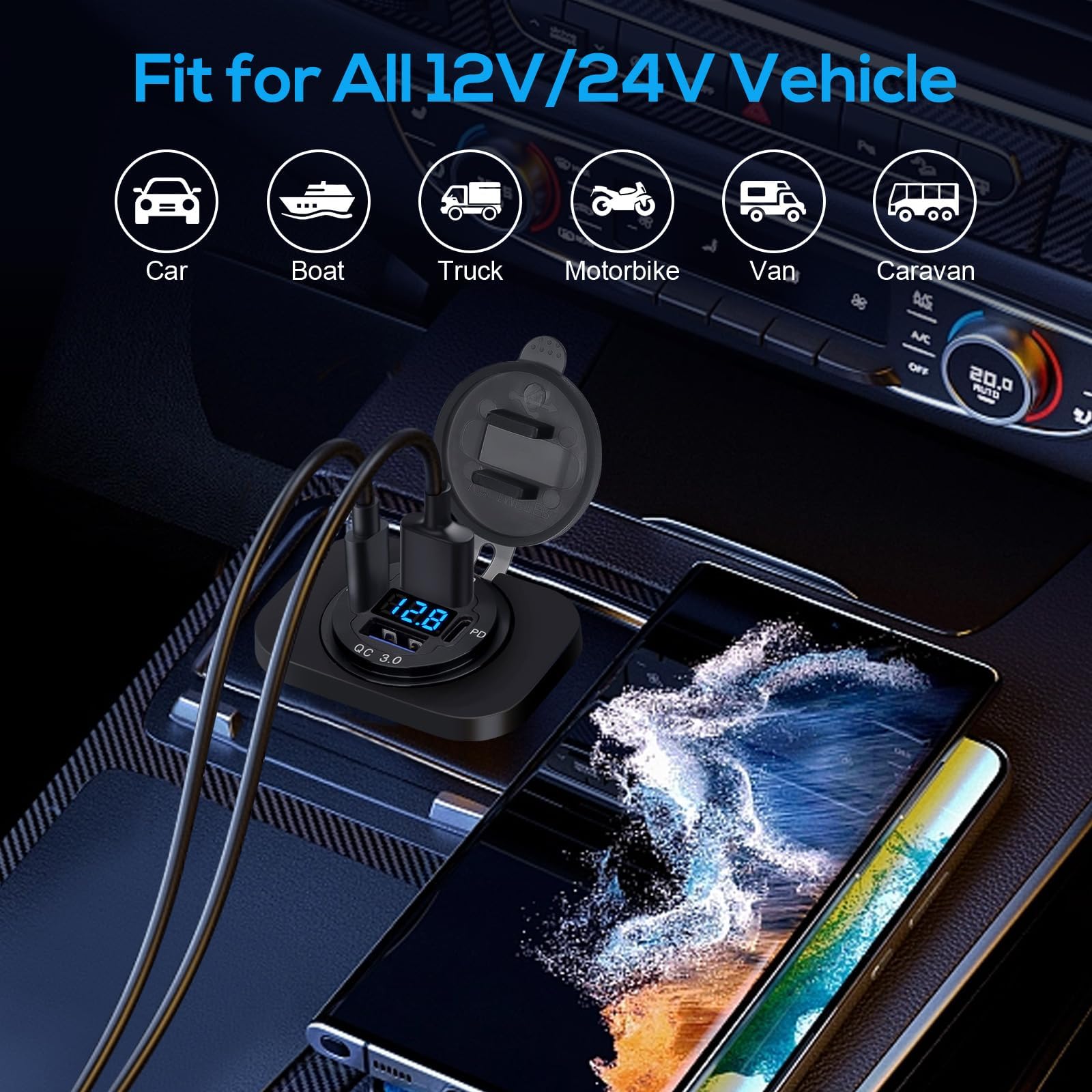 Linkstyle Dual PD Type C & Dual QC3.0 USB Car Charger Socket with LED Voltmeter - Fast Charging Power Outlet Panel for RV, Car, Boat | Perfect for Road Trips & Marine Adventures