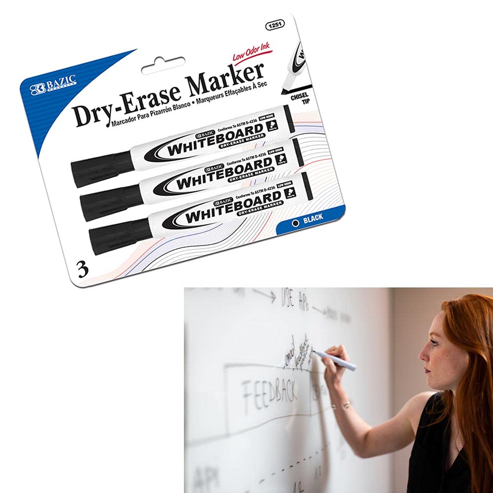 6Pcs Dry Erase Whiteboard Markers - Chisel Tip Black Whiteboard Pens for Office, School & Home Use - Low Odor, Non-Toxic - Perfect for Presentations, Teaching & Daily Planning
