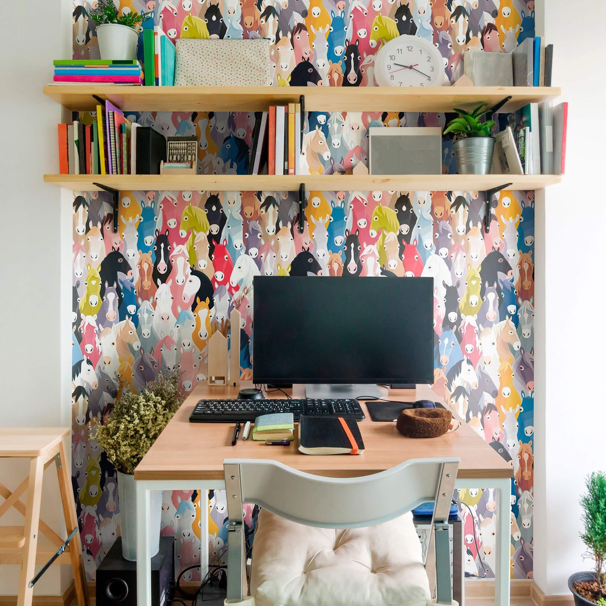 White Horse Animal Print Peel and Stick Removable Wallpaper - Self-Adhesive Decorative Wallpaper for Bedroom, Nursery, Living Room, Dorm Decor - Easy to Install & Remove (Design 1267)