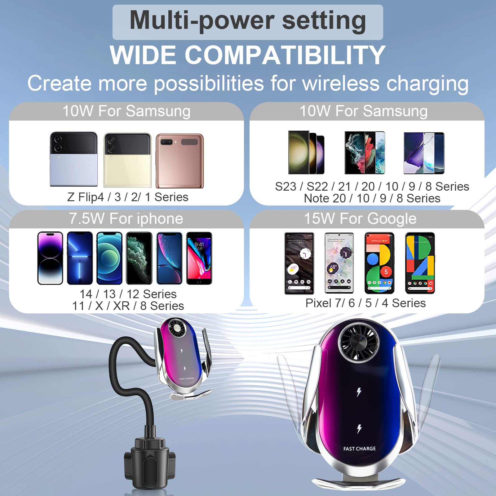 Wireless Car Charger Mount for Samsung Z Flip 5/4/3/2 & iPhone 15/14/13/12/11 - 15W Fast Charging with Auto-Clamping & Cooling Fan - Perfect for Cup Holder Installation & Safe Driving