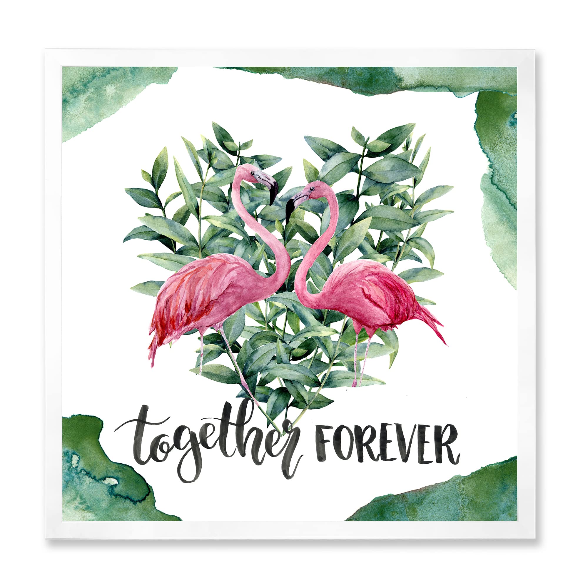 Flamingo Floral Heart Wall Art with Eucalyptus Leaves - Traditional Framed Home Decor for Living Room, Bedroom & Office