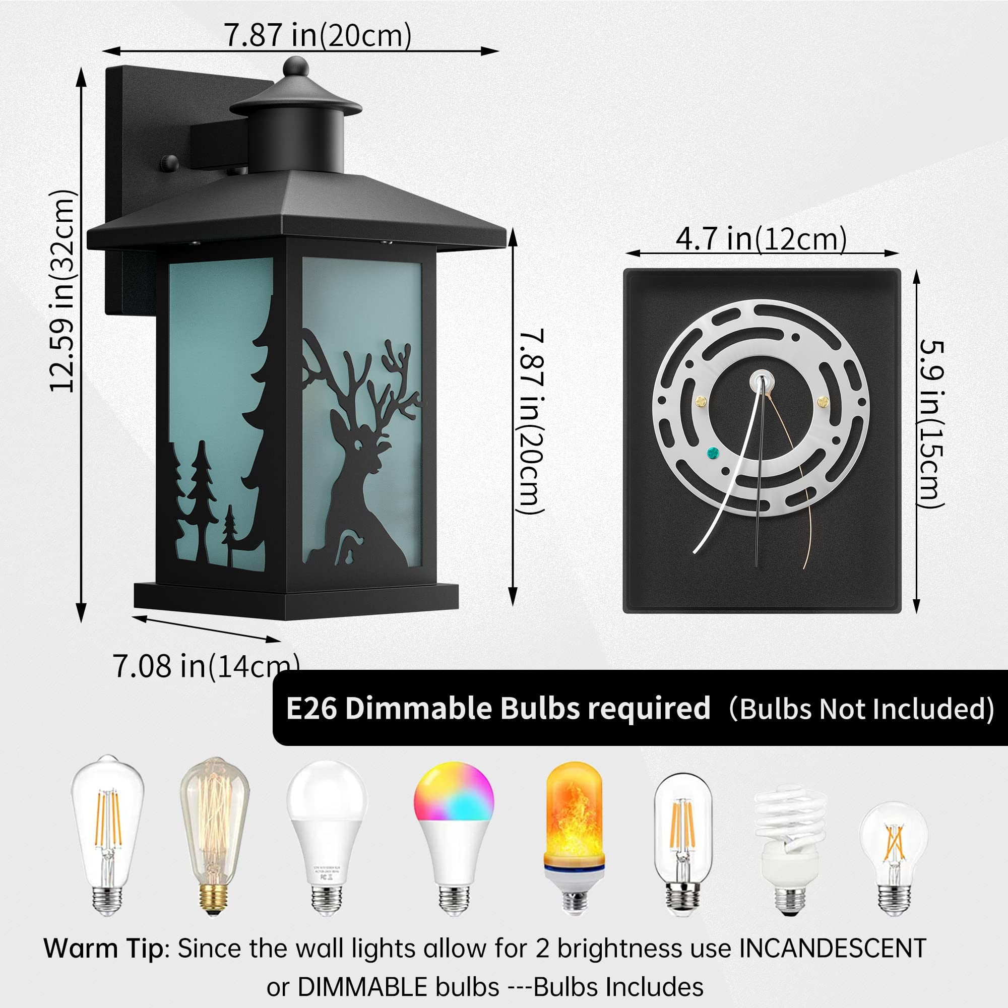 2 Pack Outdoor Wall Sconce Lights - Waterproof Exterior Porch Lighting Fixtures with Anti-Rust Finish & Frosted Glass (Deer Pattern), E26 Socket - Perfect for House, Garage, Patio, Front Door & Garden Decor