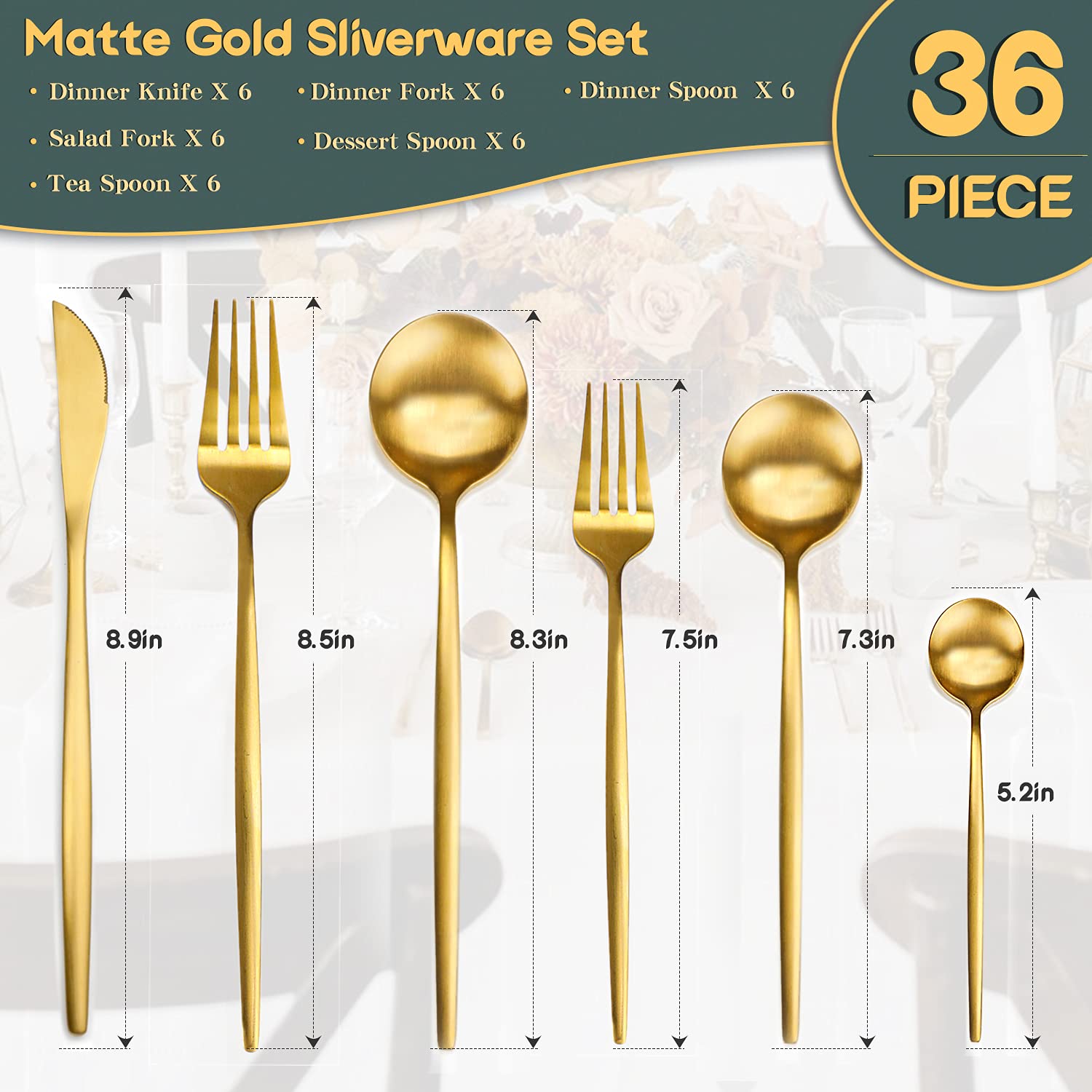 36-Piece Modern Matte Gold Silverware Set - Stainless Steel Flatware Set for 6, Elegant Tableware Cutlery Set - Perfect for Housewarming, Wedding & Anniversary Gifts - Ideal for Dinner Parties, Holiday Meals & Special Occasions