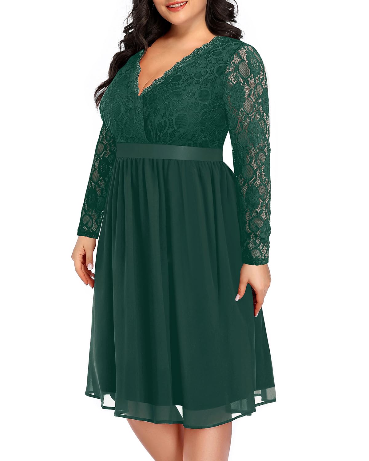Plus Size Lace Chiffon Wrap V-Neck Cocktail Dress for Women - Elegant Wedding Guest Midi Dress - Perfect for Parties, Bridal Showers & Formal Events