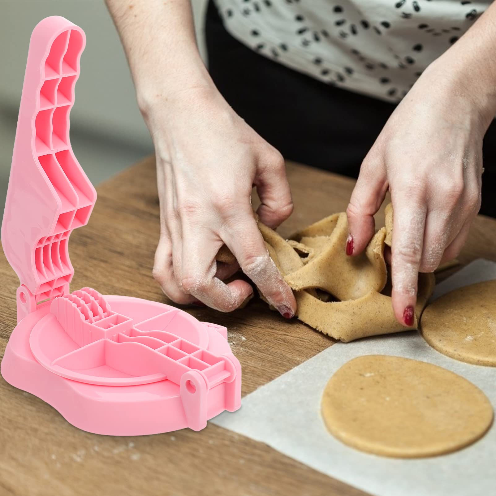 Hemoton 2-Piece Dumpling Maker Set - Authentic Ravioli Press, Tortilla Maker & Pastry Dough Press Tool for Homemade Dumplings, Wontons & Tortillas - Perfect Kitchen Gadget for Asian & Mexican Cuisine - Pink Rotary Design
